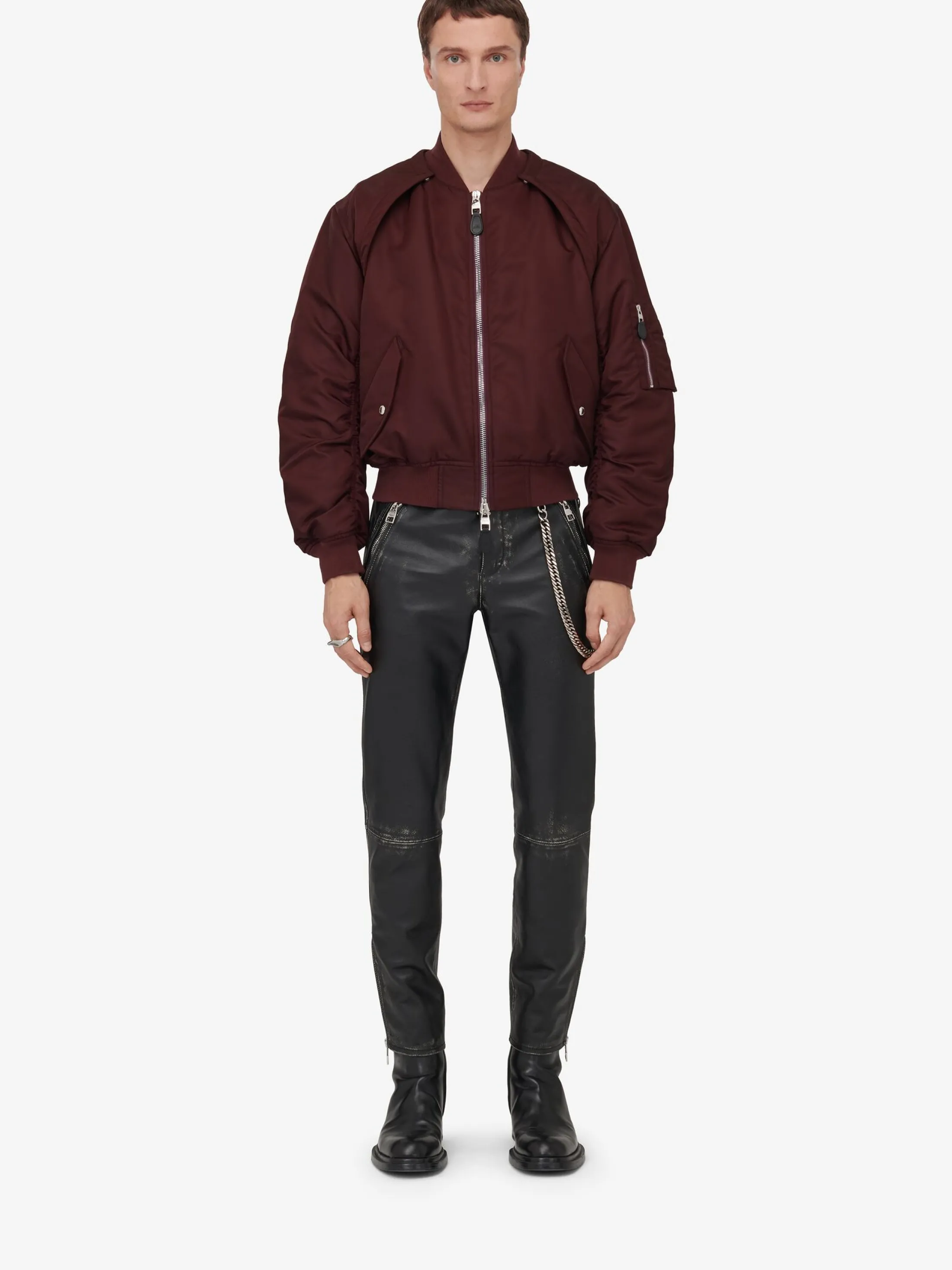 New Alexander McQueen Men's Detachable Sleeve Bomber Jacket in Bordeaux