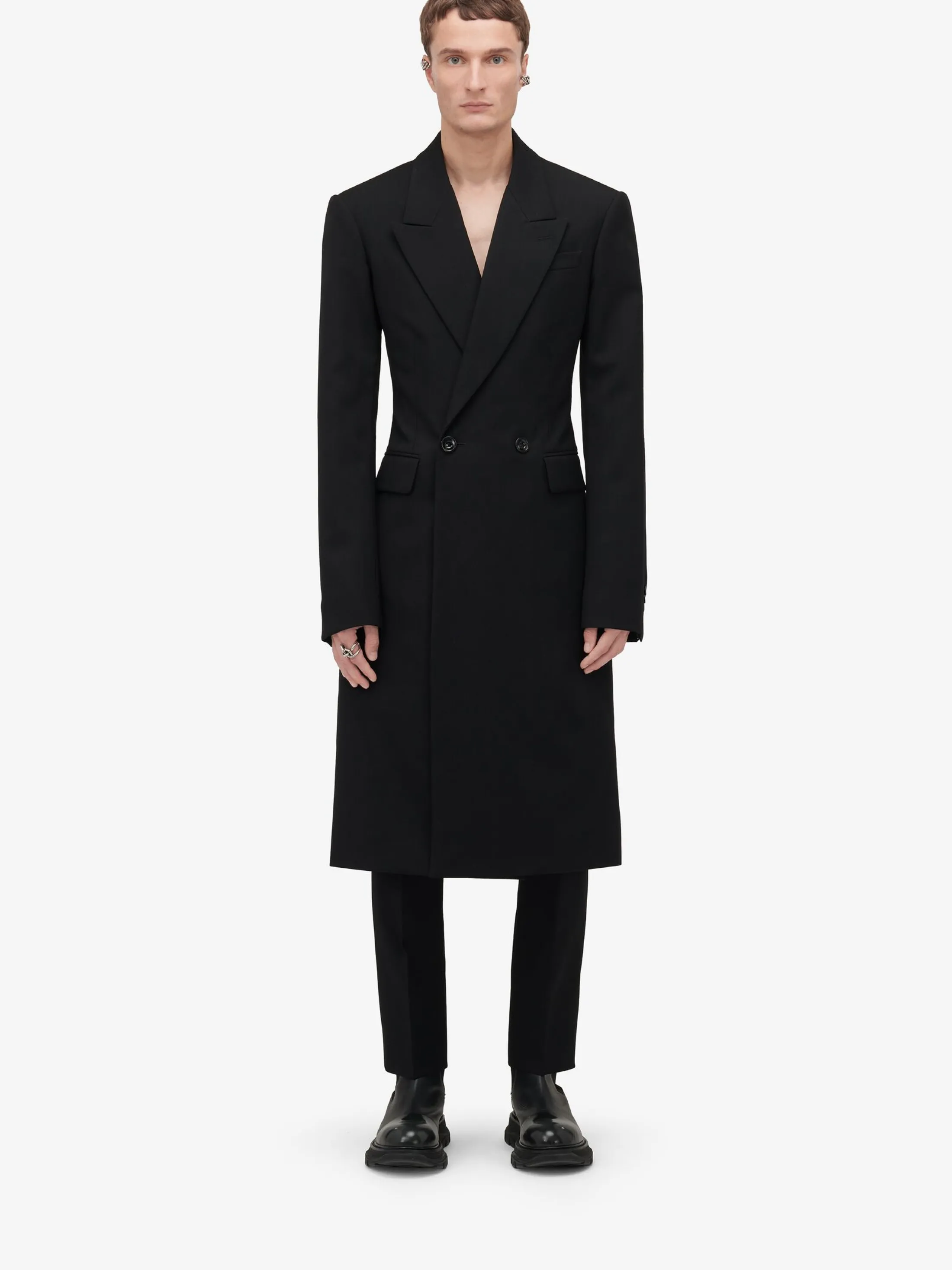 Online Alexander McQueen Men's Double-breasted Tailored Coat in Black