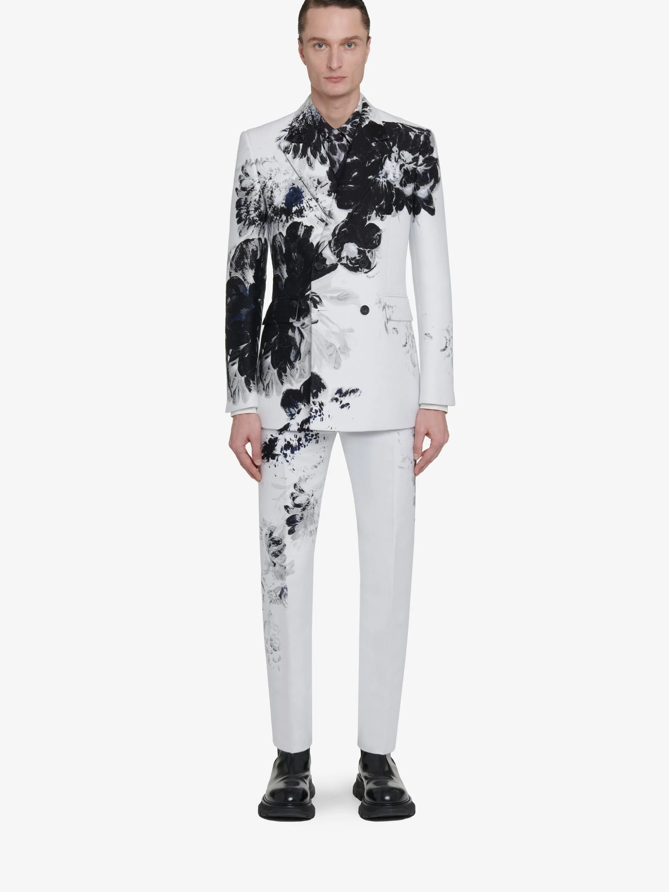 Flash Sale Alexander McQueen Men's Dutch Flower Double-breasted Jacket in Black/White