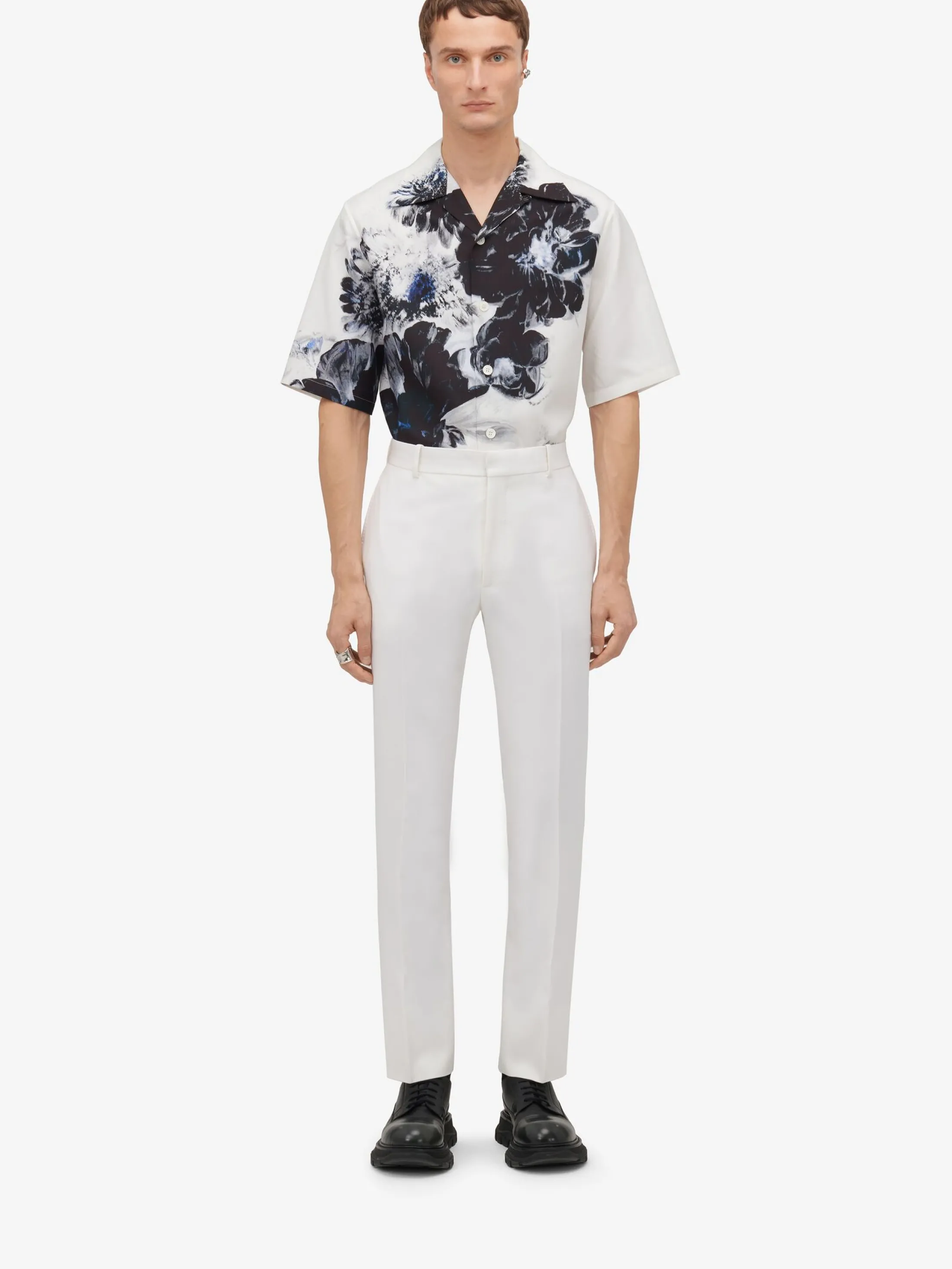 Online Alexander McQueen Men's Dutch Flower Hawaiian Shirt in Black/White