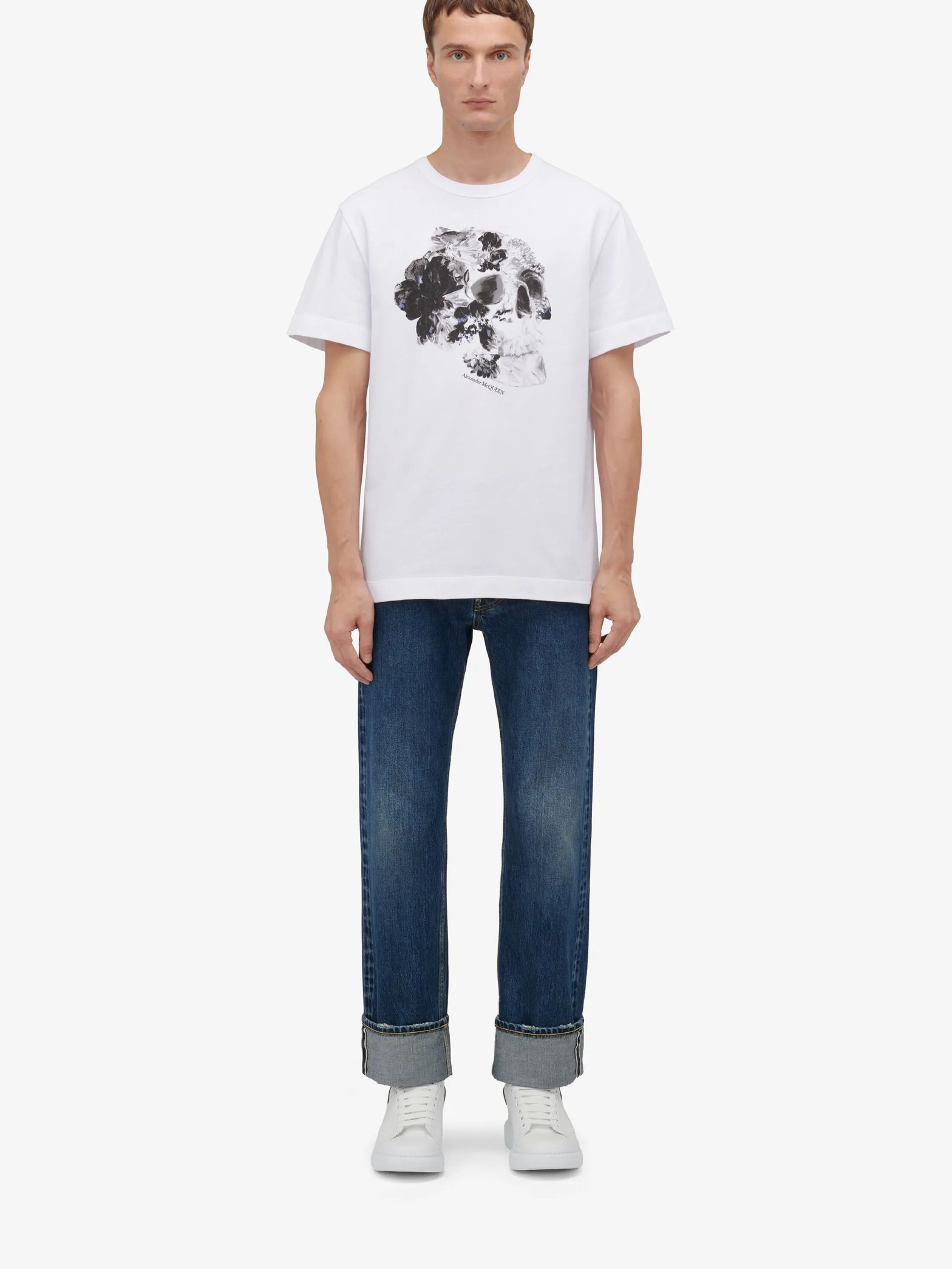 Shop Alexander McQueen Men's Dutch Flower Skull Print  in White/Black