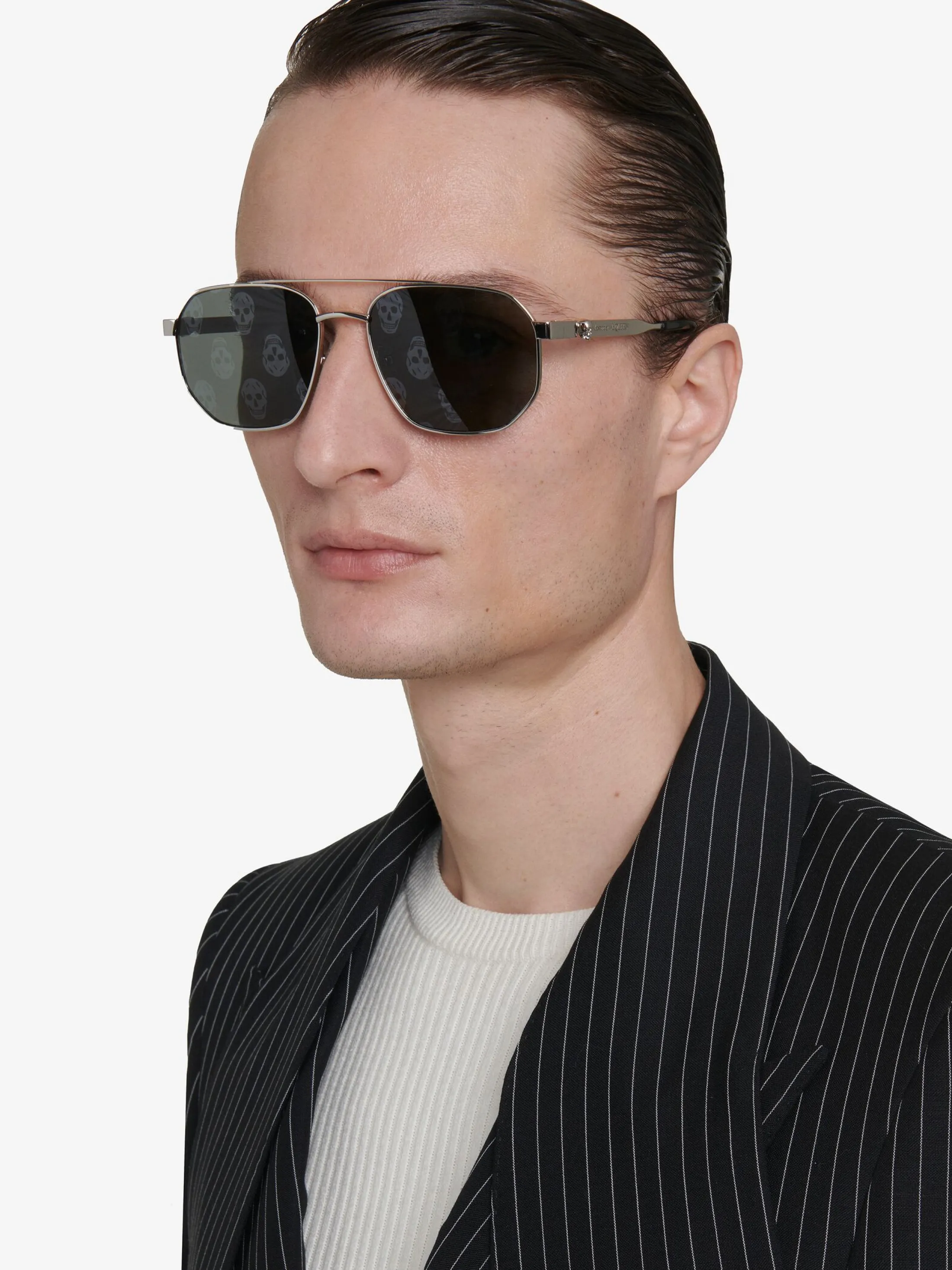 Online Alexander McQueen Men's Floating Skull Metal Caravan Sunglasses in Silver