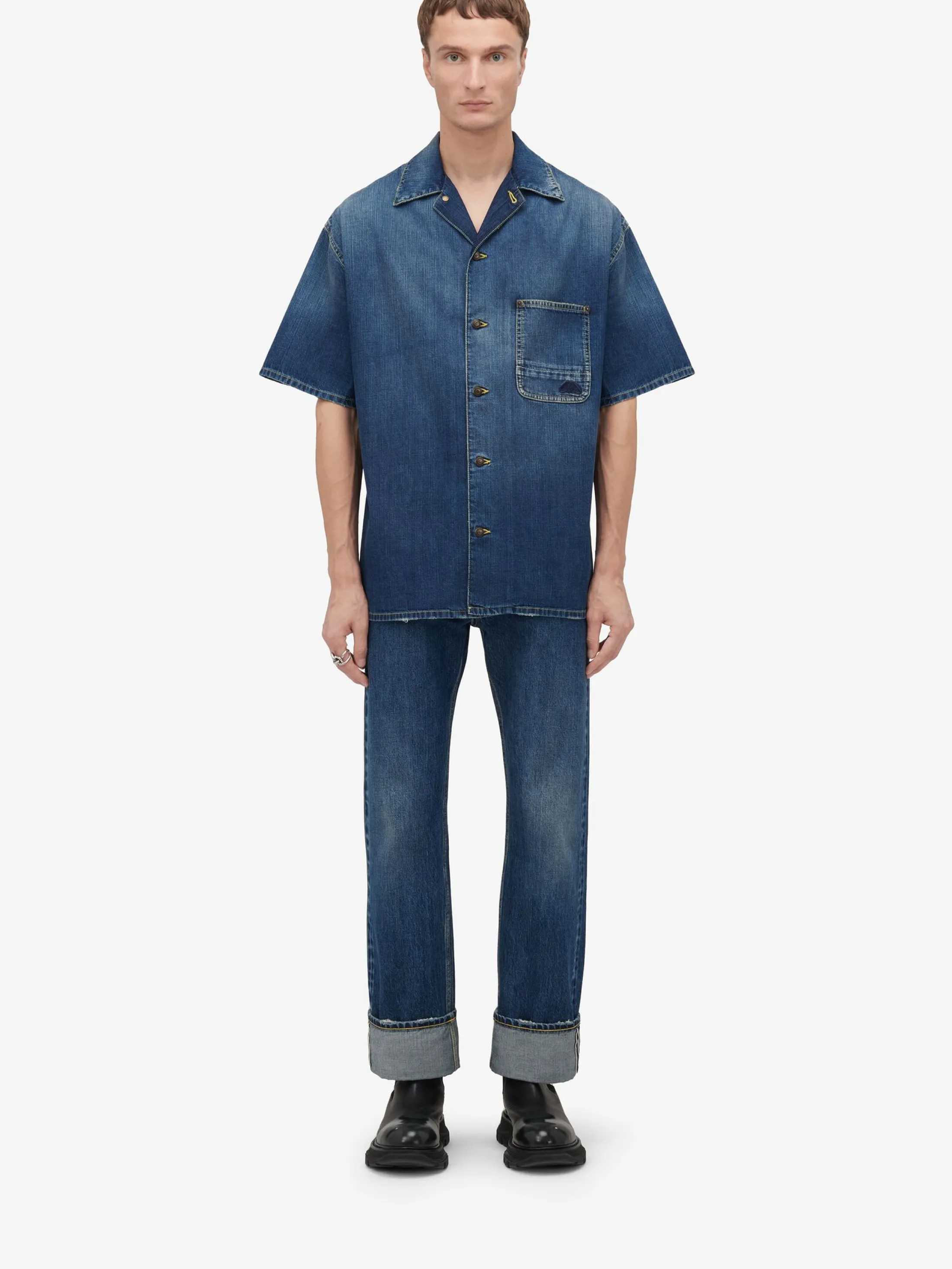 Best Alexander McQueen Men's Hawaiian Denim Shirt in Washed Blue