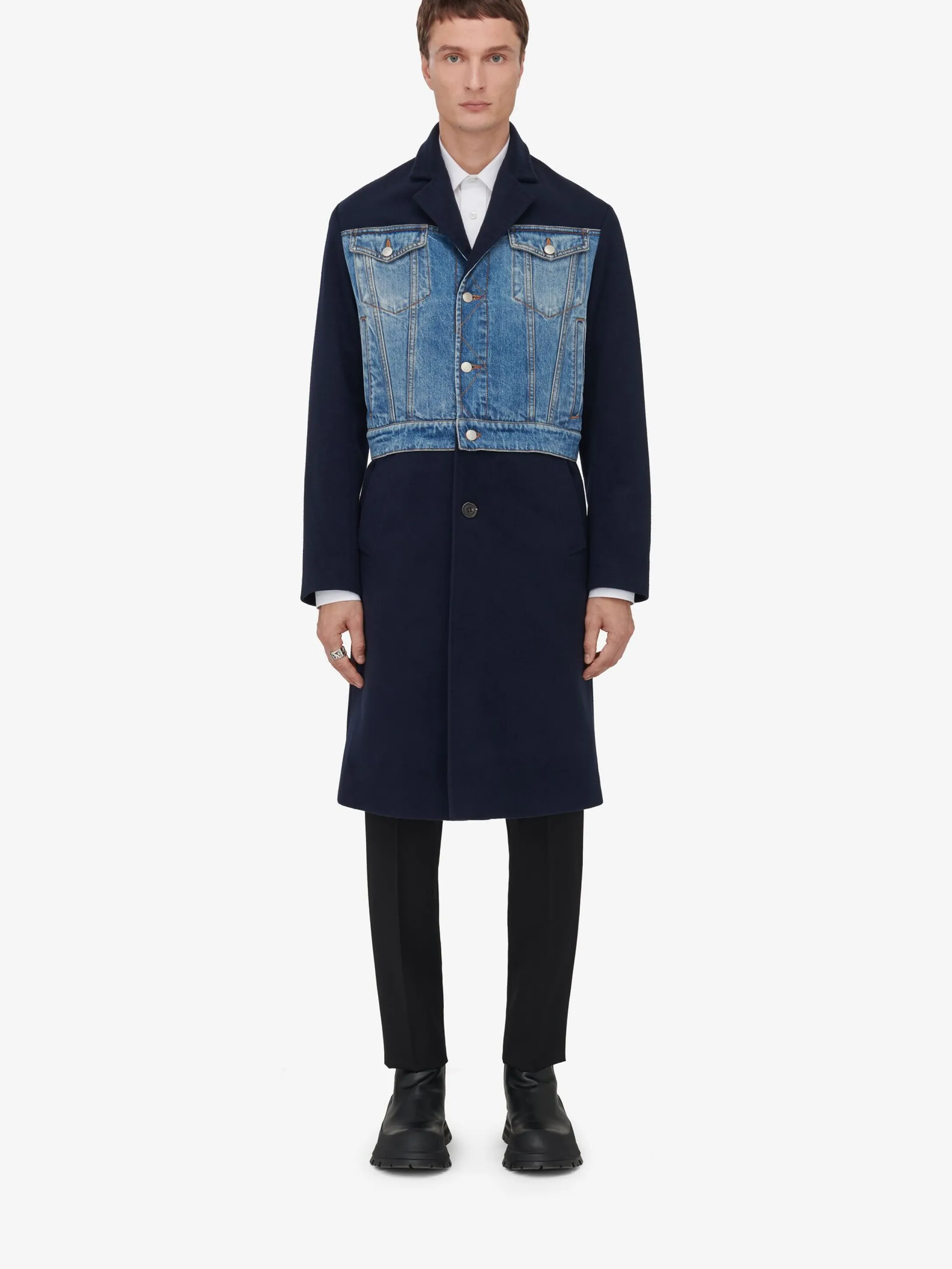 Best Alexander McQueen Men's Hybrid Overcoat in Navy/Blue Washed