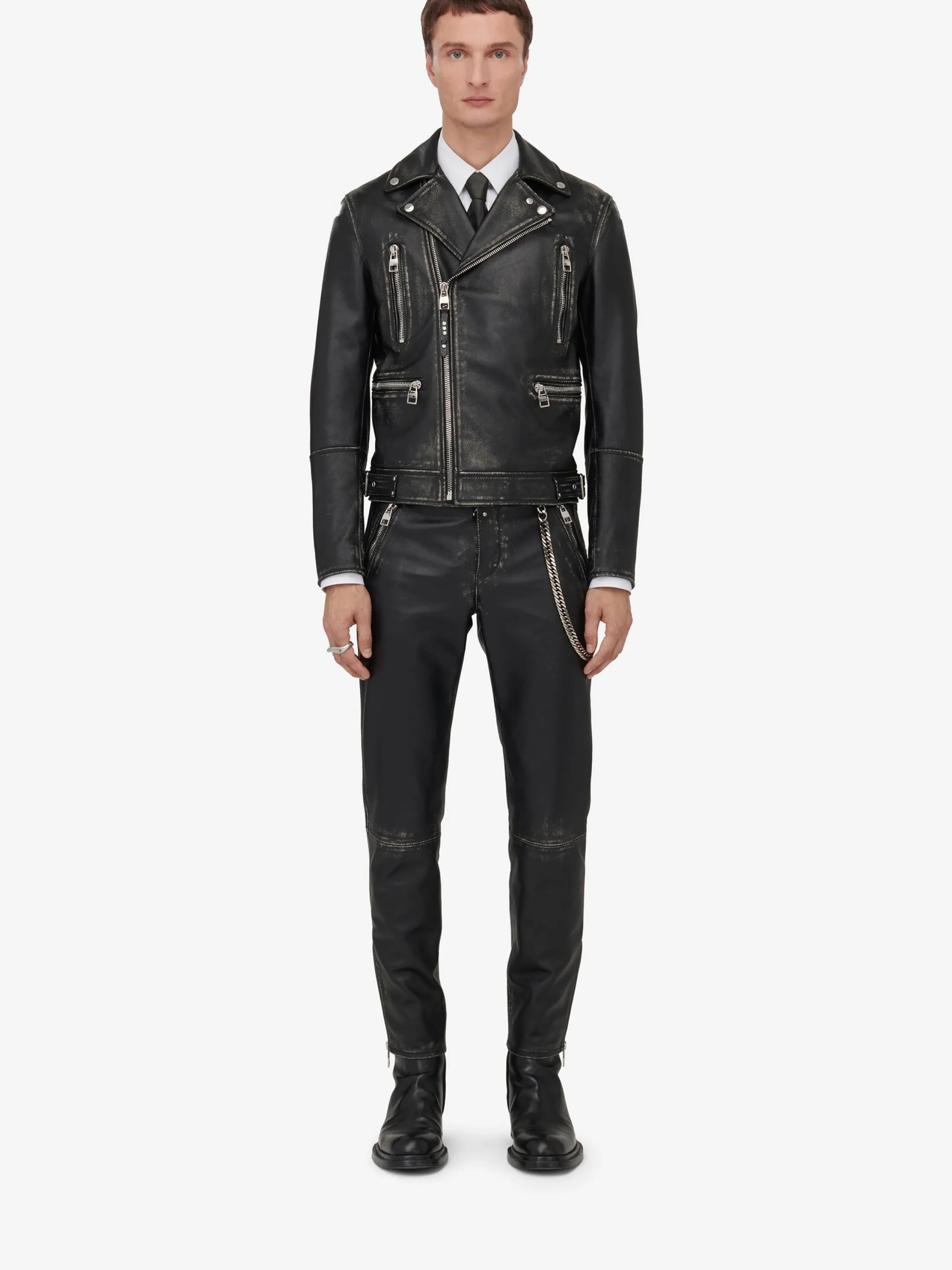 Online Alexander McQueen Men's Leather Biker Jacket in Black/Ivory