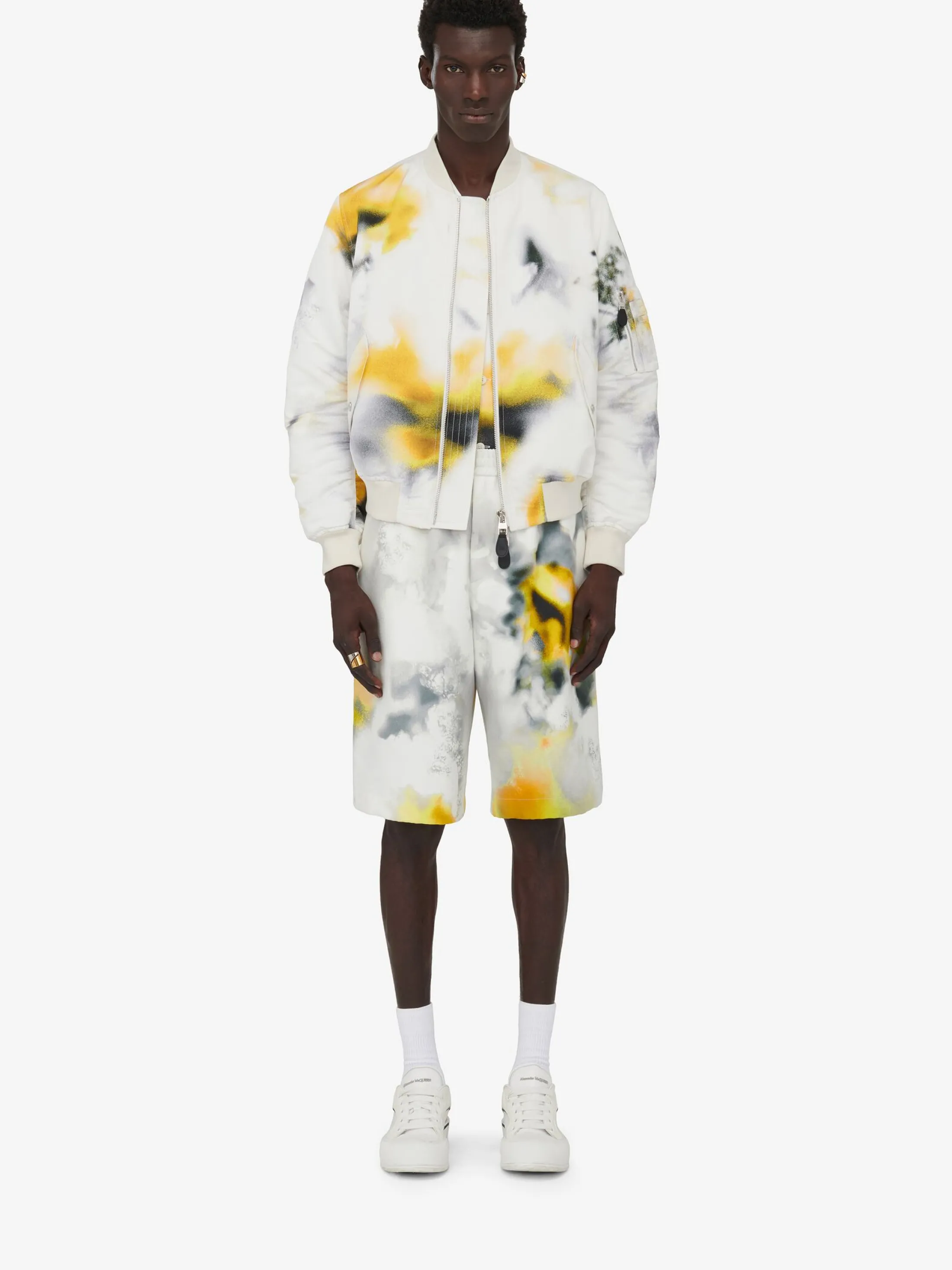 Flash Sale Alexander McQueen Men's Obscured Flower Bomber Jacket in White/Yellow