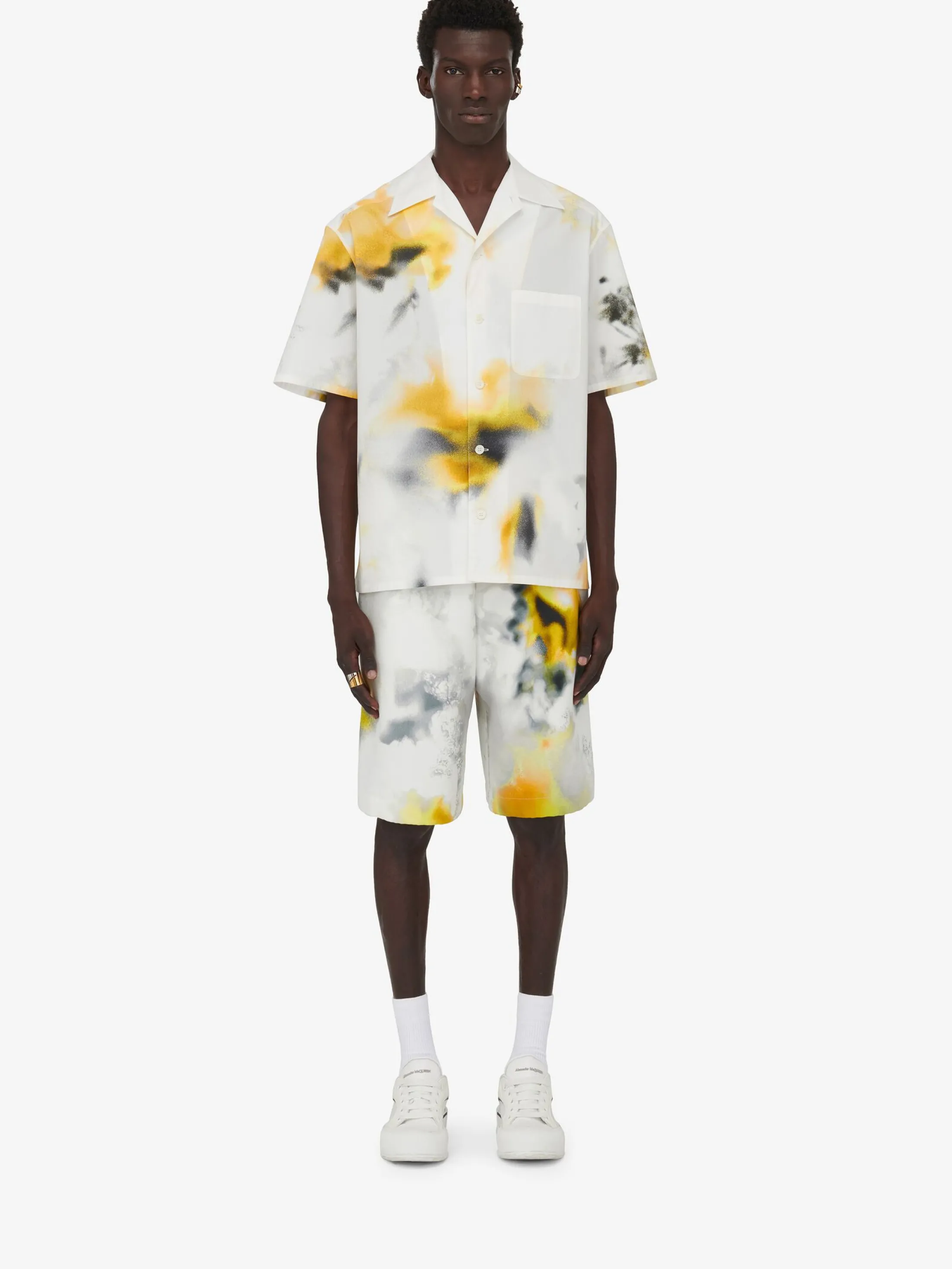 Shop Alexander McQueen Men's Obscured Flower Bowling Shirt in White/Yellow