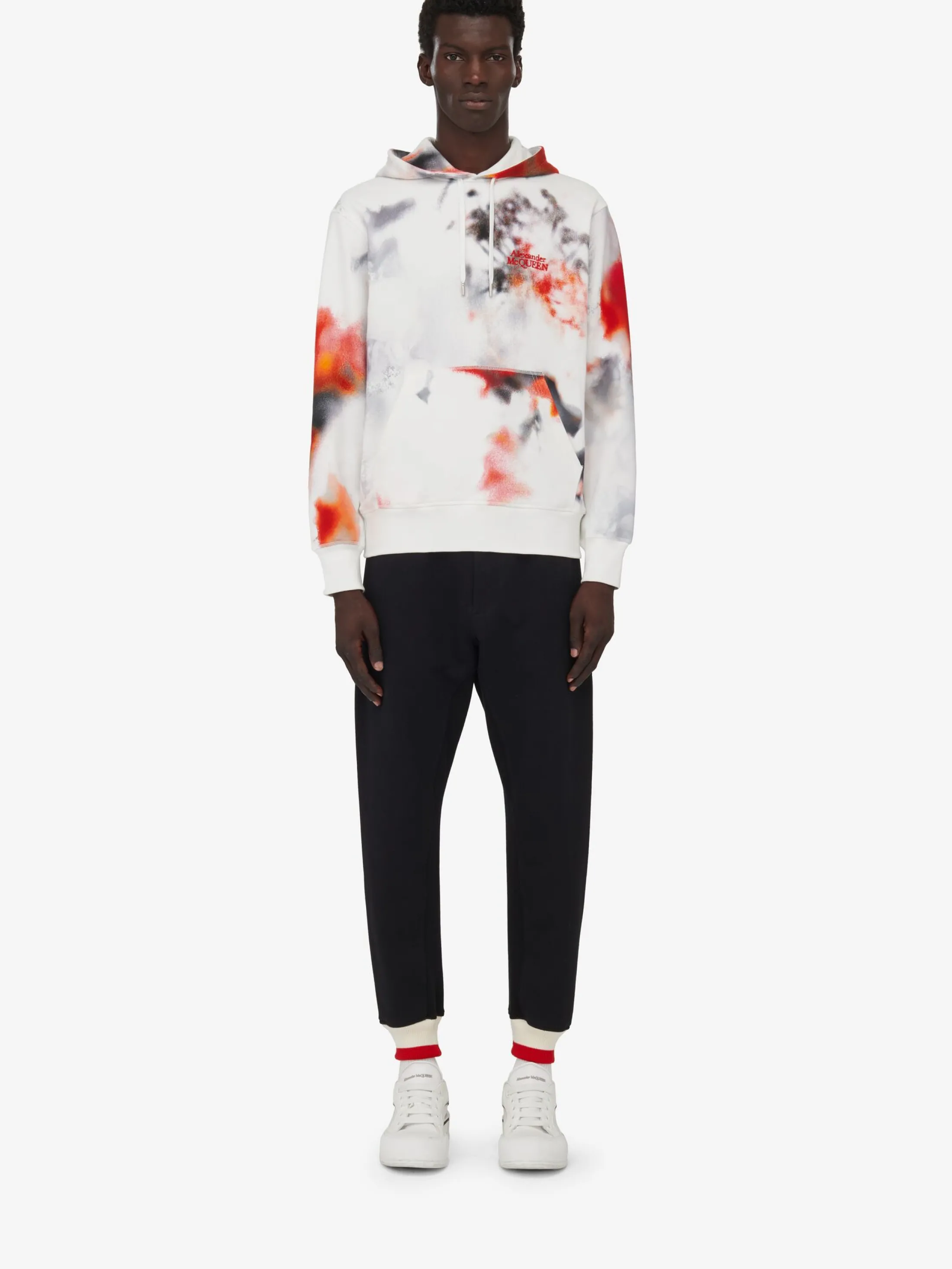 Fashion Alexander McQueen Men's Obscured Flower Hooded Sweatshirt in White/Red/Black