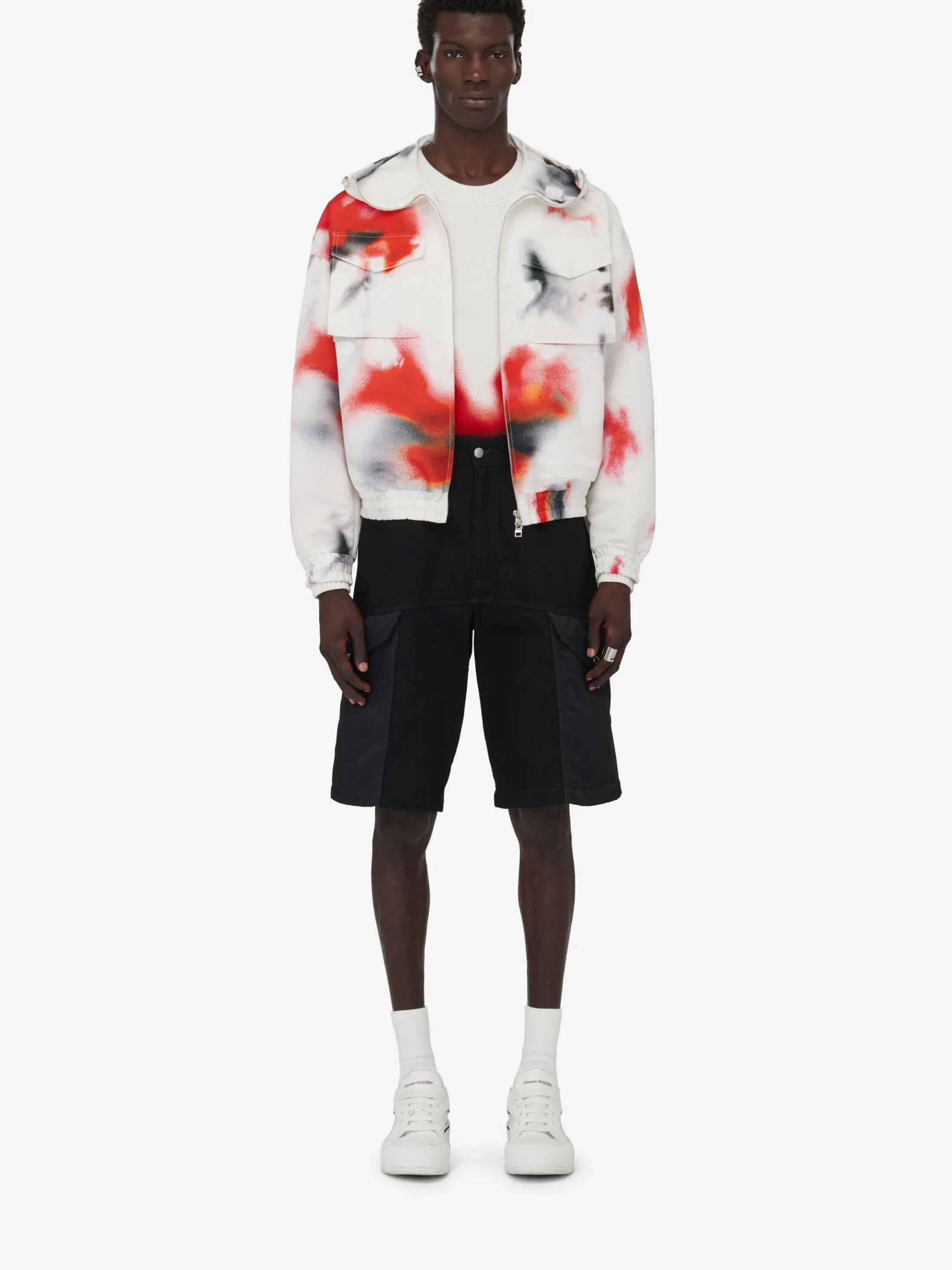 Shop Alexander McQueen Men's Obscured Flower Windbreaker in White/Red