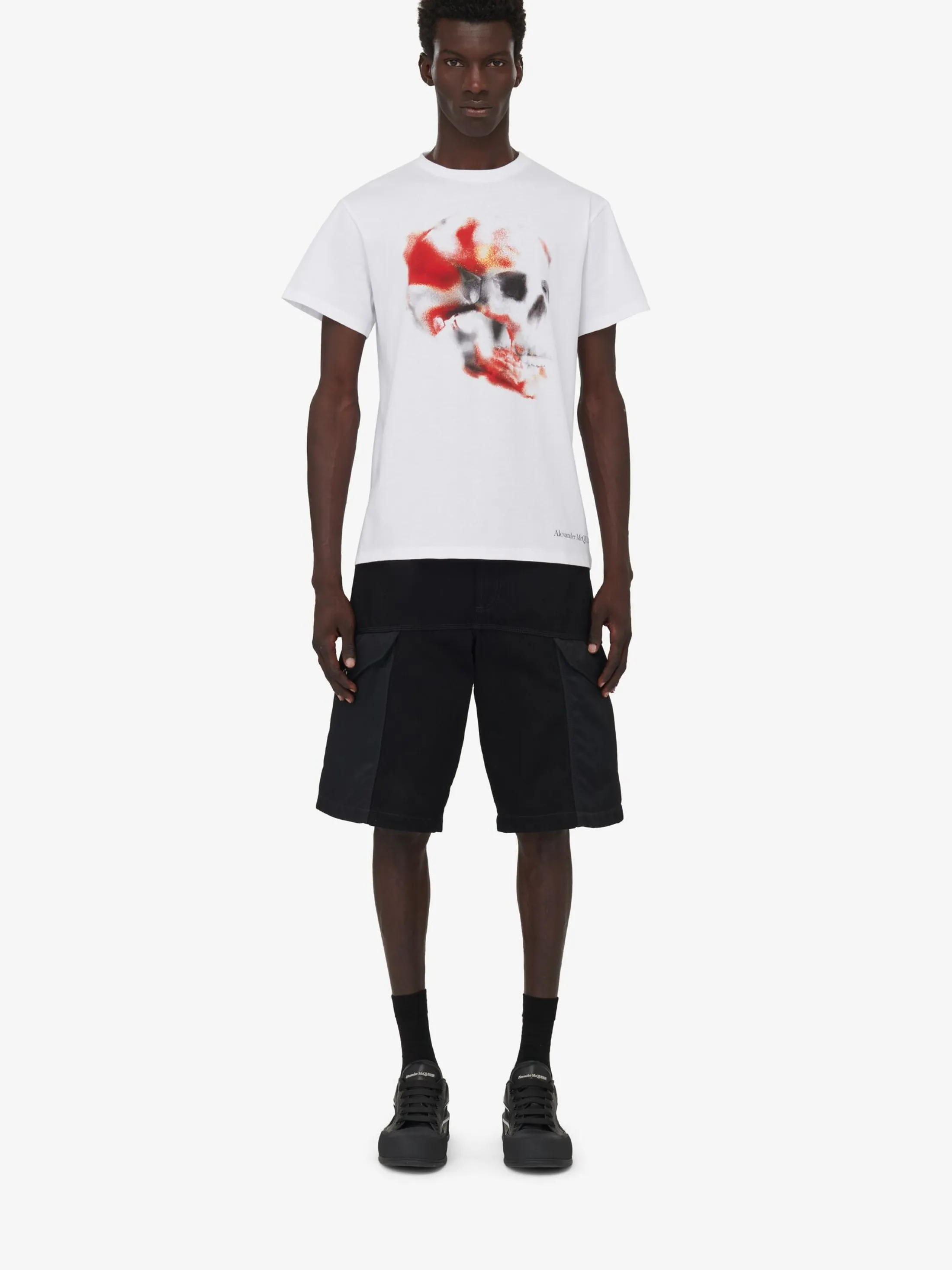 Shop Alexander McQueen Men's Obscured Skull T-shirt in White/Red/Black