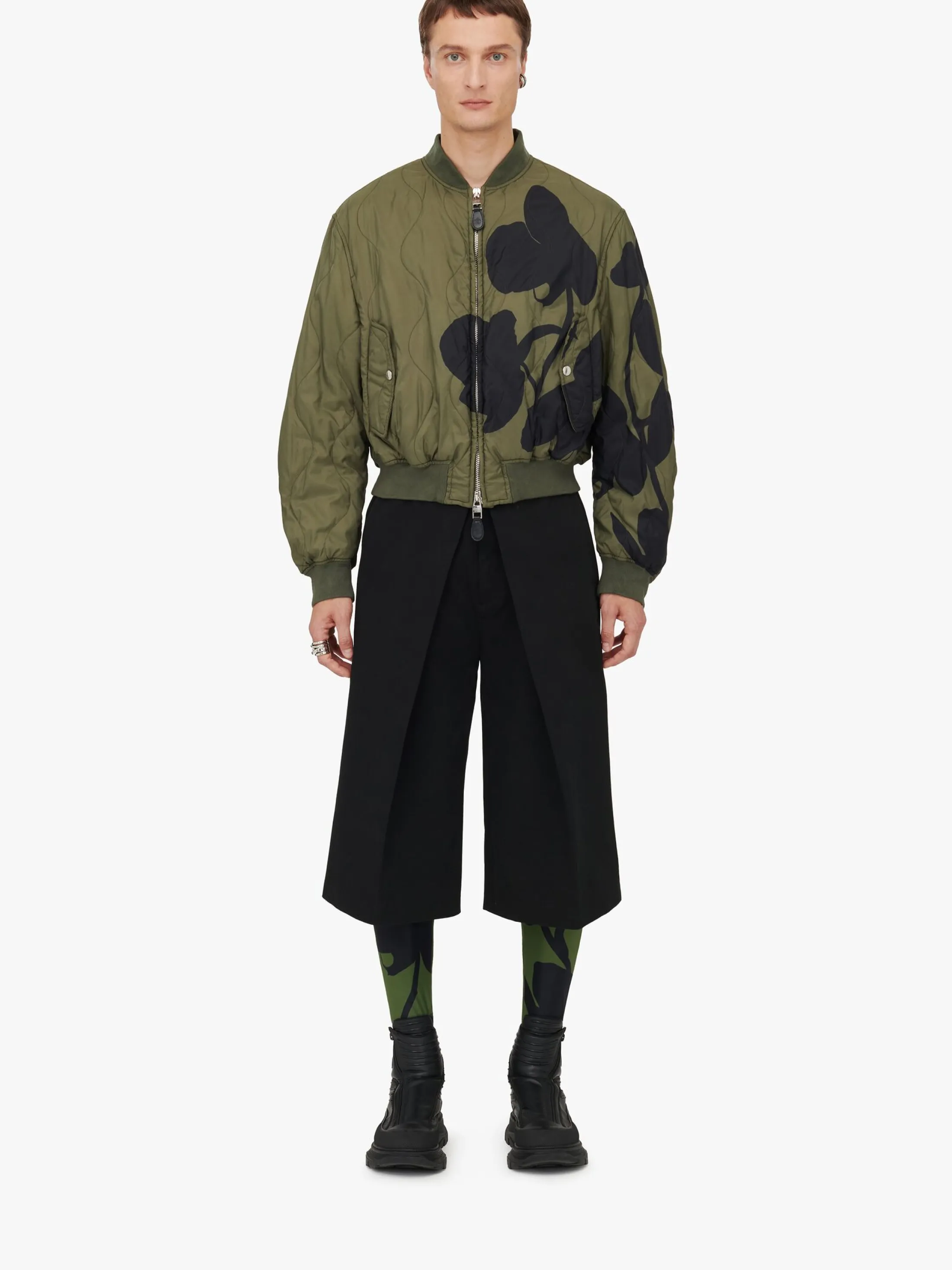 Shop Alexander McQueen Men's Orchid Bomber Jacket in Khaki/Black