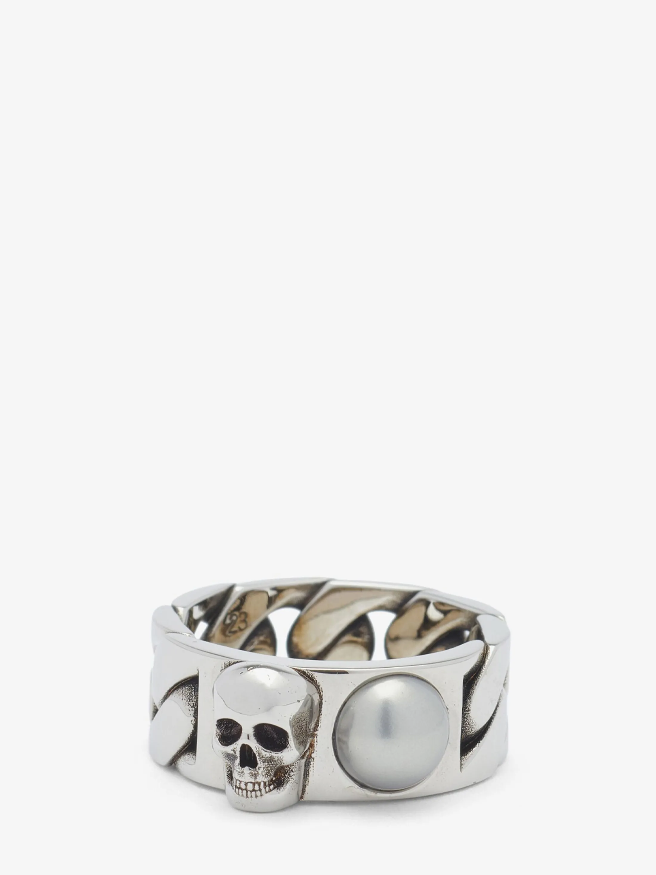 New Alexander McQueen Men's Pearl And Skull Chain Ring in Antique Silver