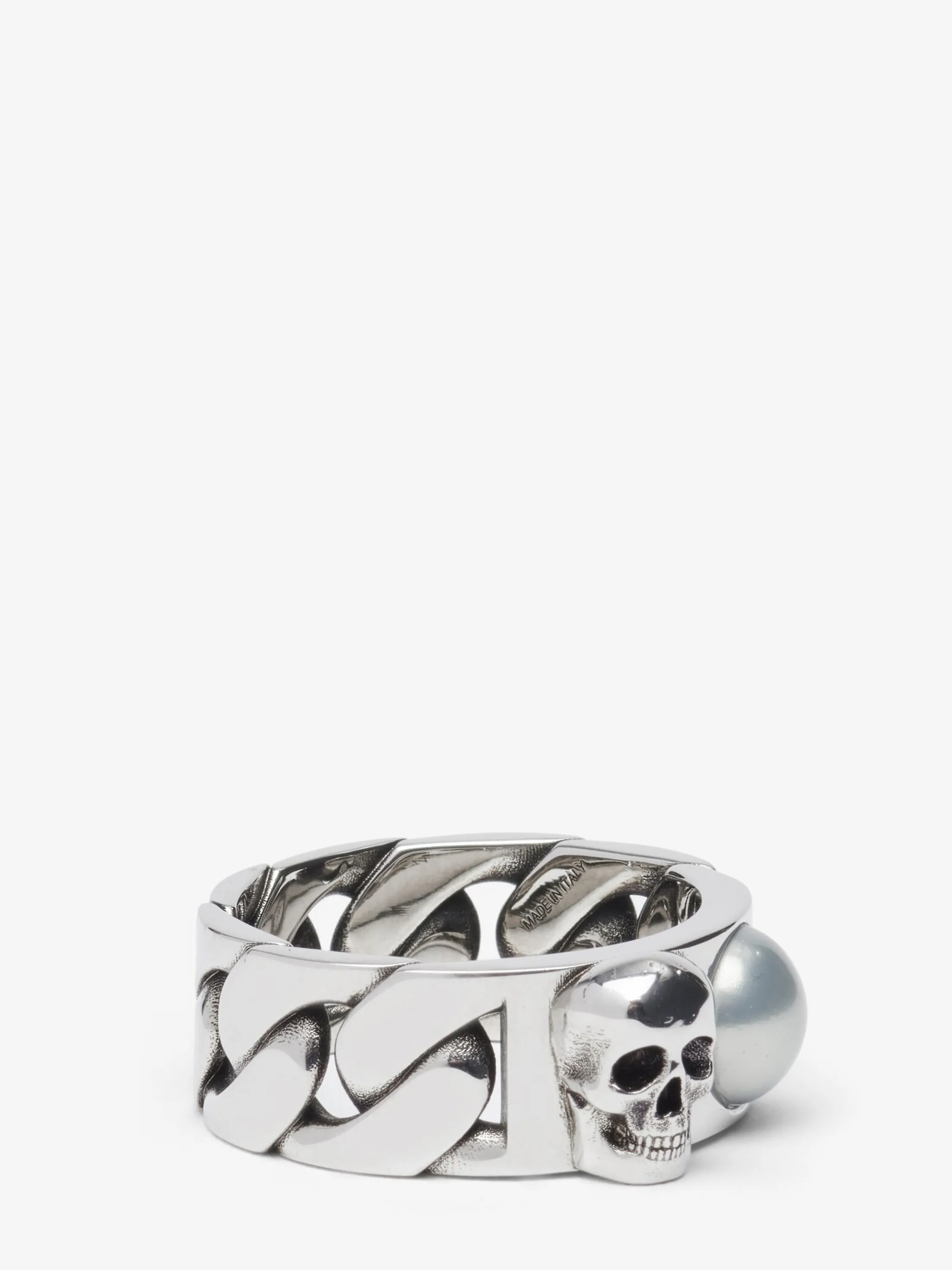 New Alexander McQueen Men's Pearl And Skull Chain Ring in Antique Silver