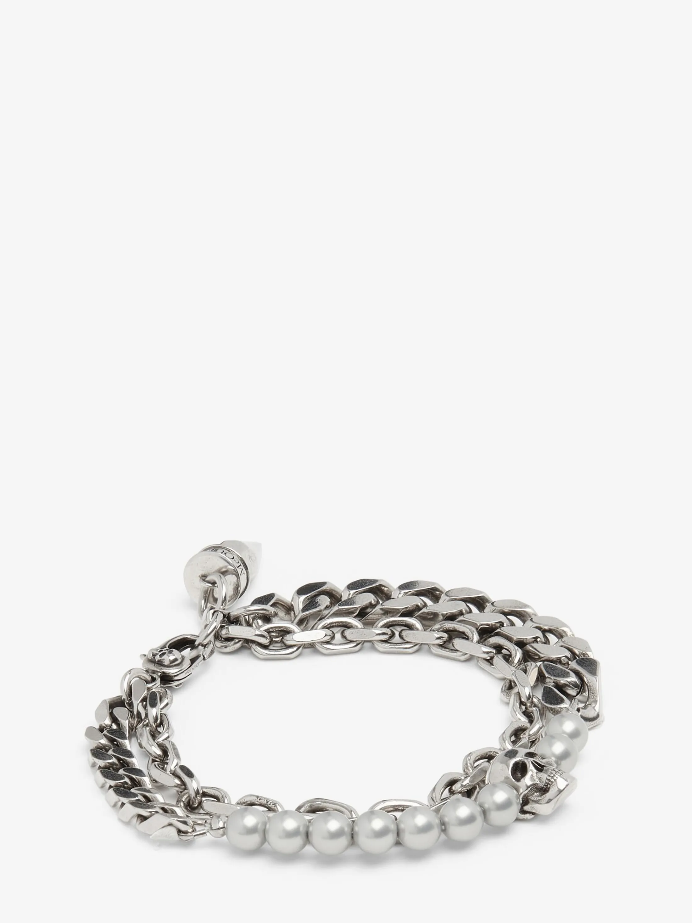 Hot Alexander McQueen Men's Pearl And Skull Stud Bracelet in Antique Silver