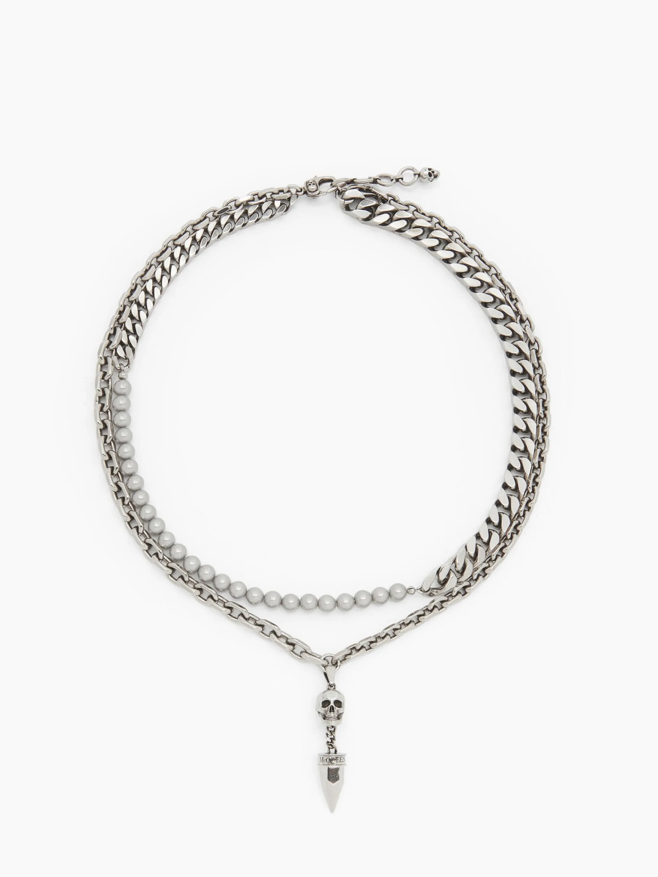 Outlet Alexander McQueen Men's Pearl And Skull Stud Necklace in Antique Silver