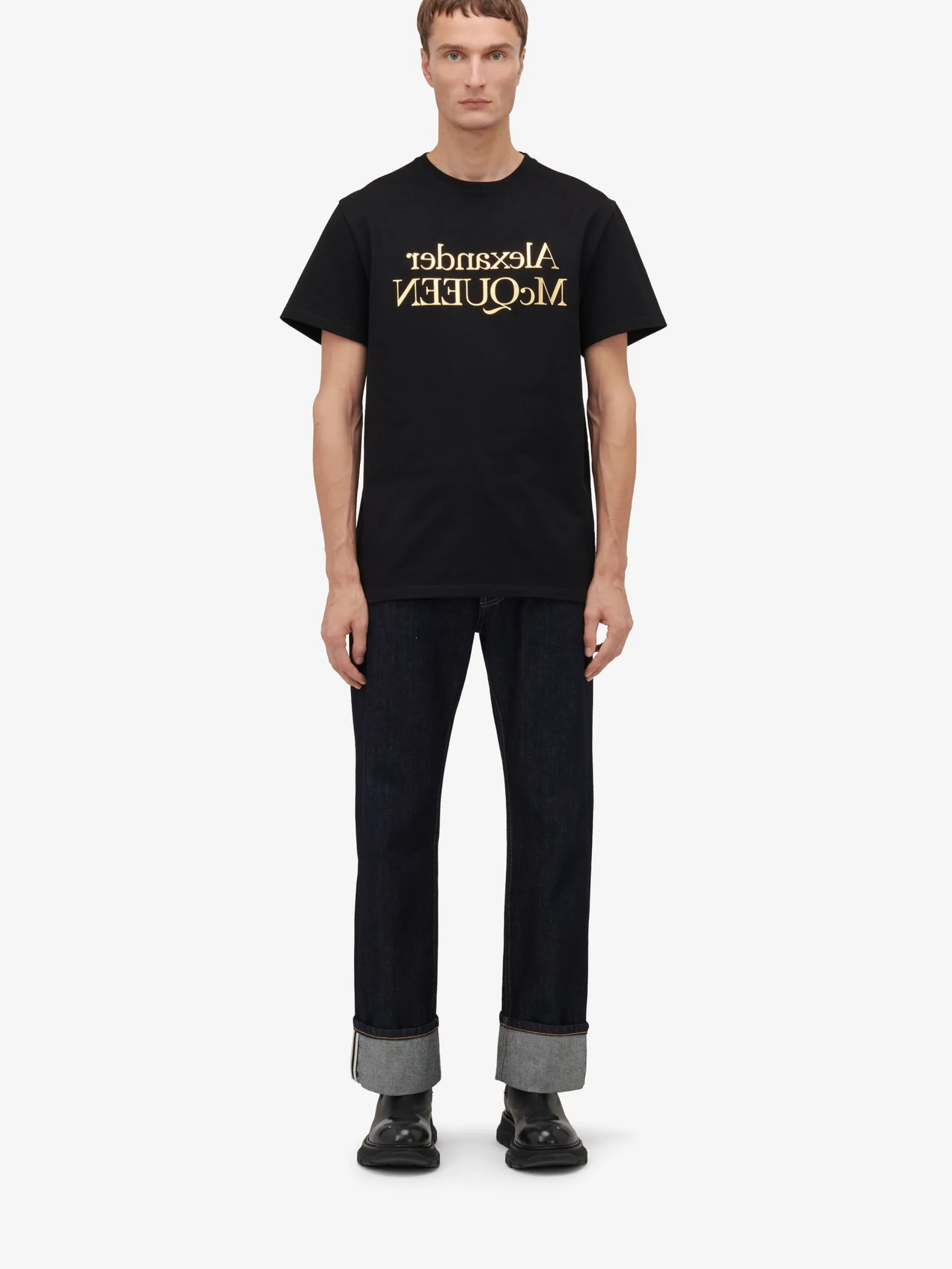 Best Alexander McQueen Men's Reflected Logo T-shirt in Black/ Gold