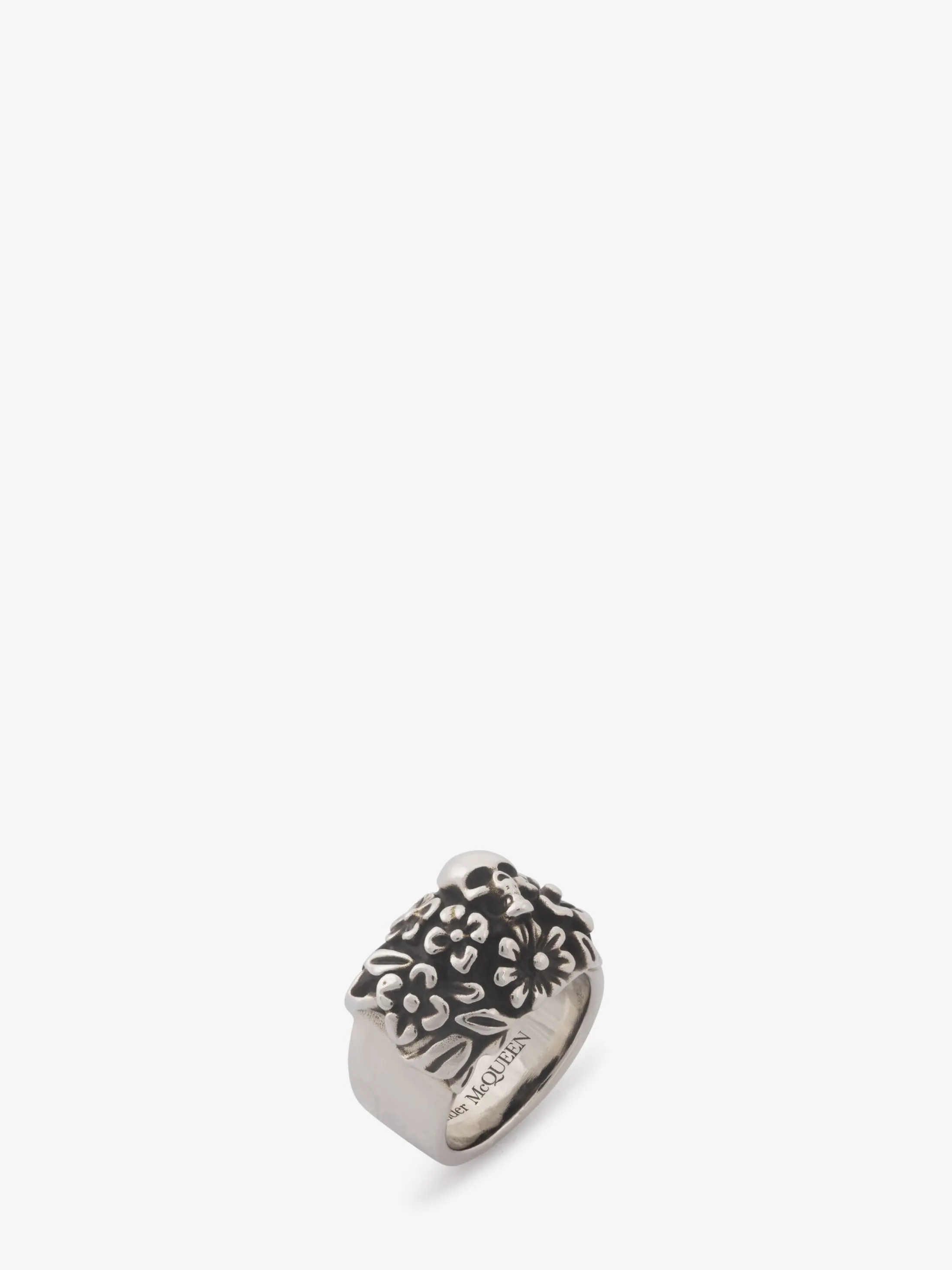 Fashion Alexander McQueen Men's The Floral Skull Ring in Antique silver