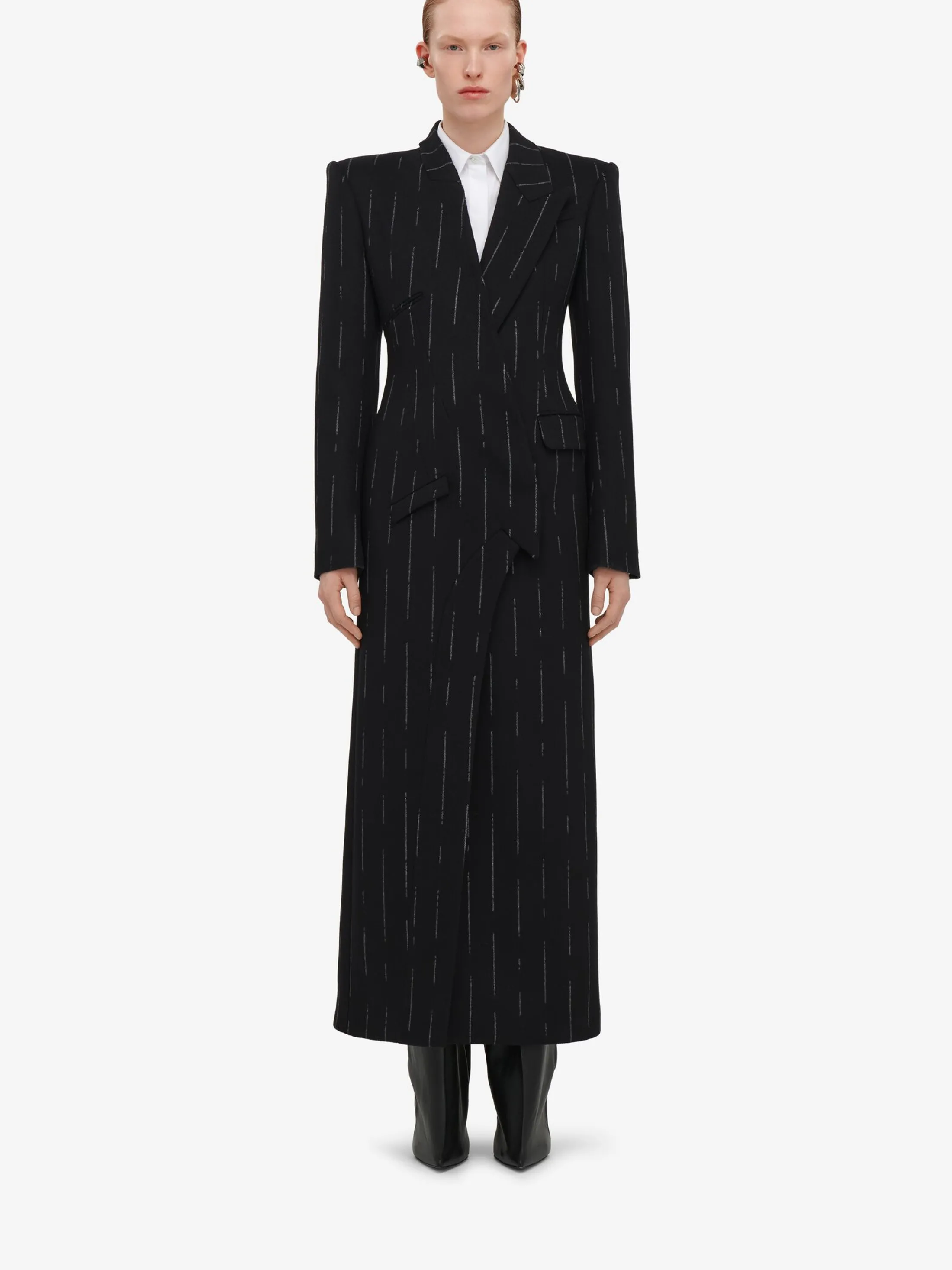 Best Alexander McQueen Women's Broken Pinstripe Tailored Coat in Black/Ivory