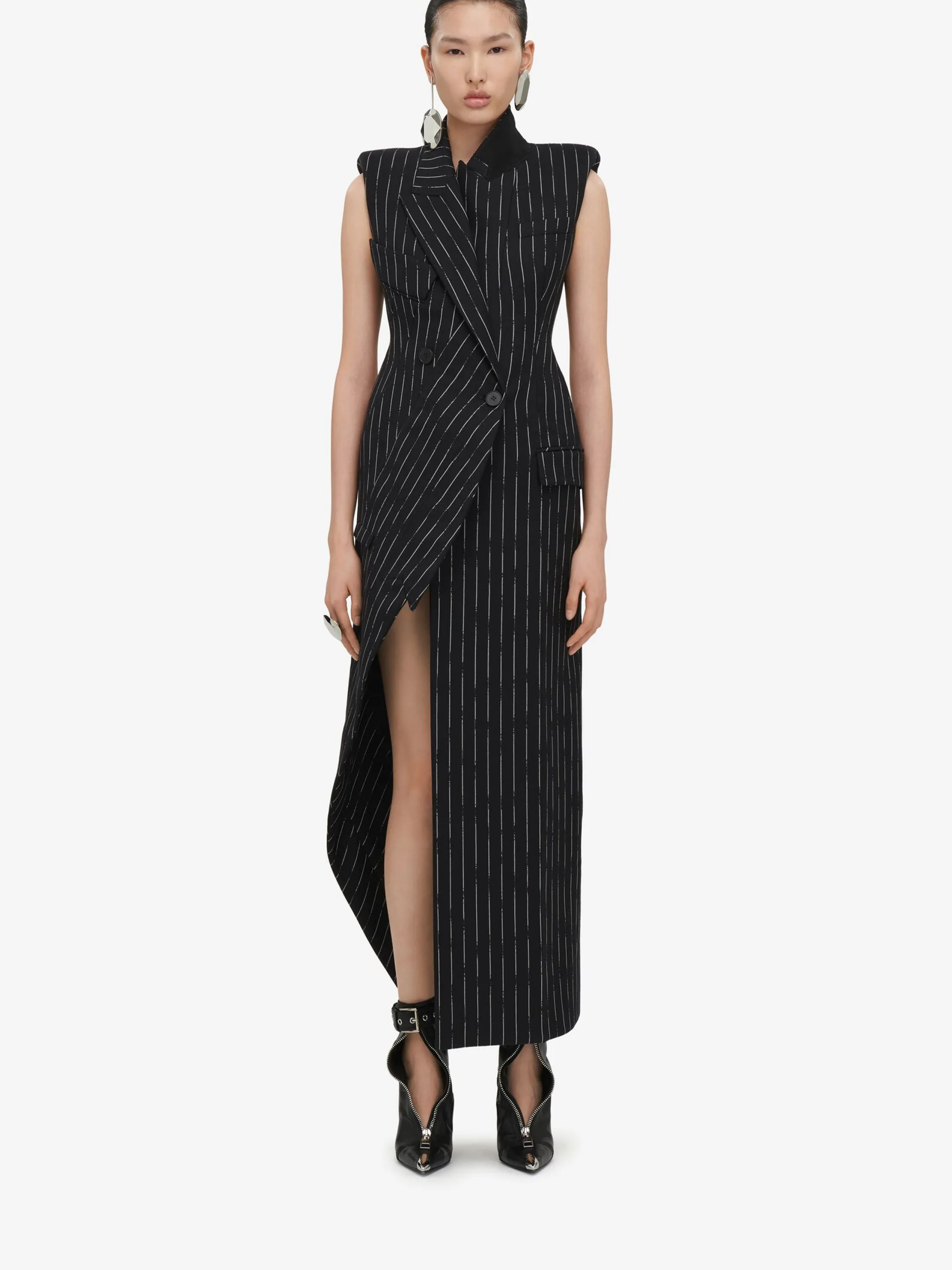 Sale Alexander McQueen Women's Broken Pinstripe Tailored Dress in Black/Ivory