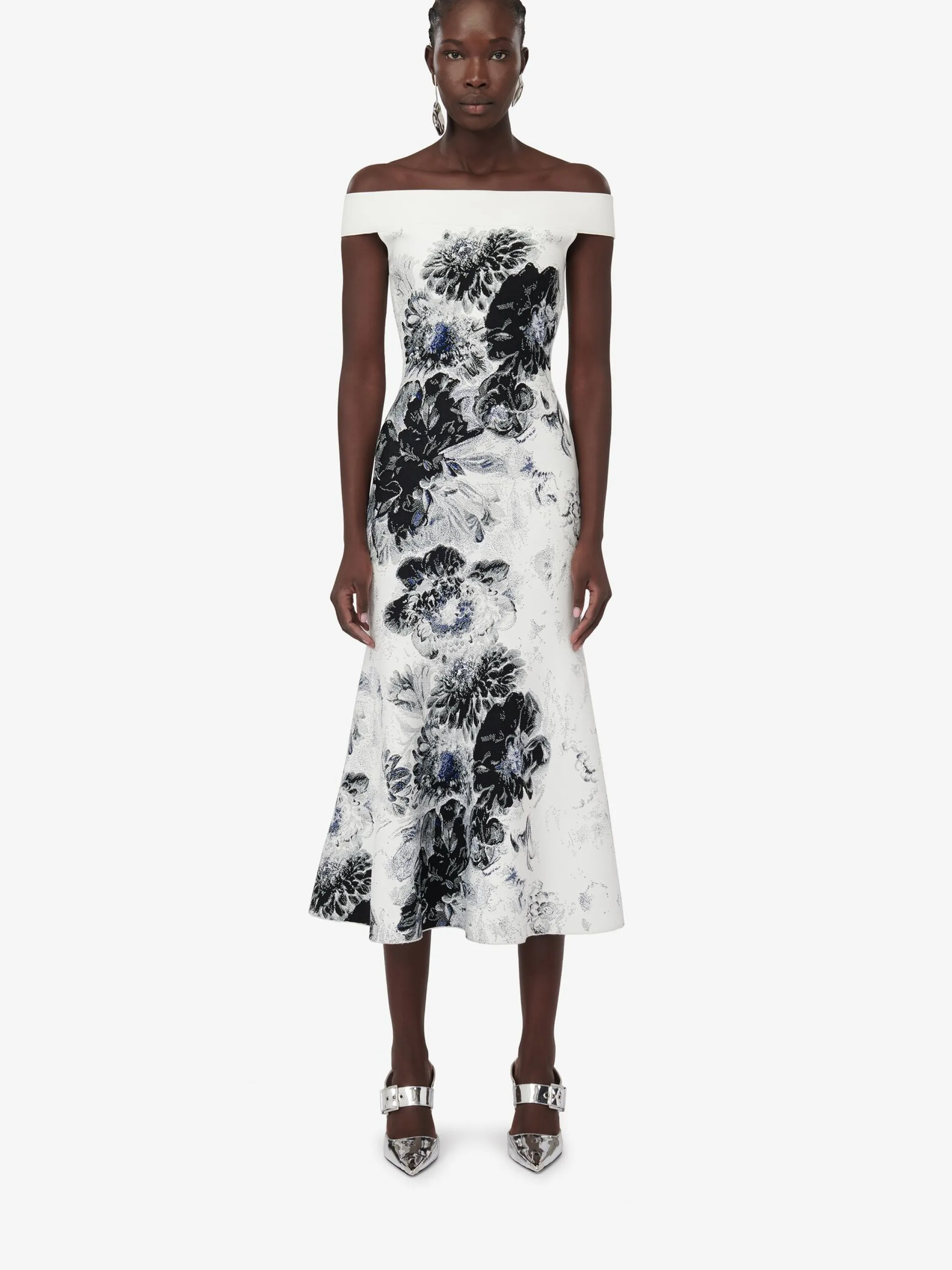 Flash Sale Alexander McQueen Women's Chiaroscuro Jacquard Dress in White/Black/Blue