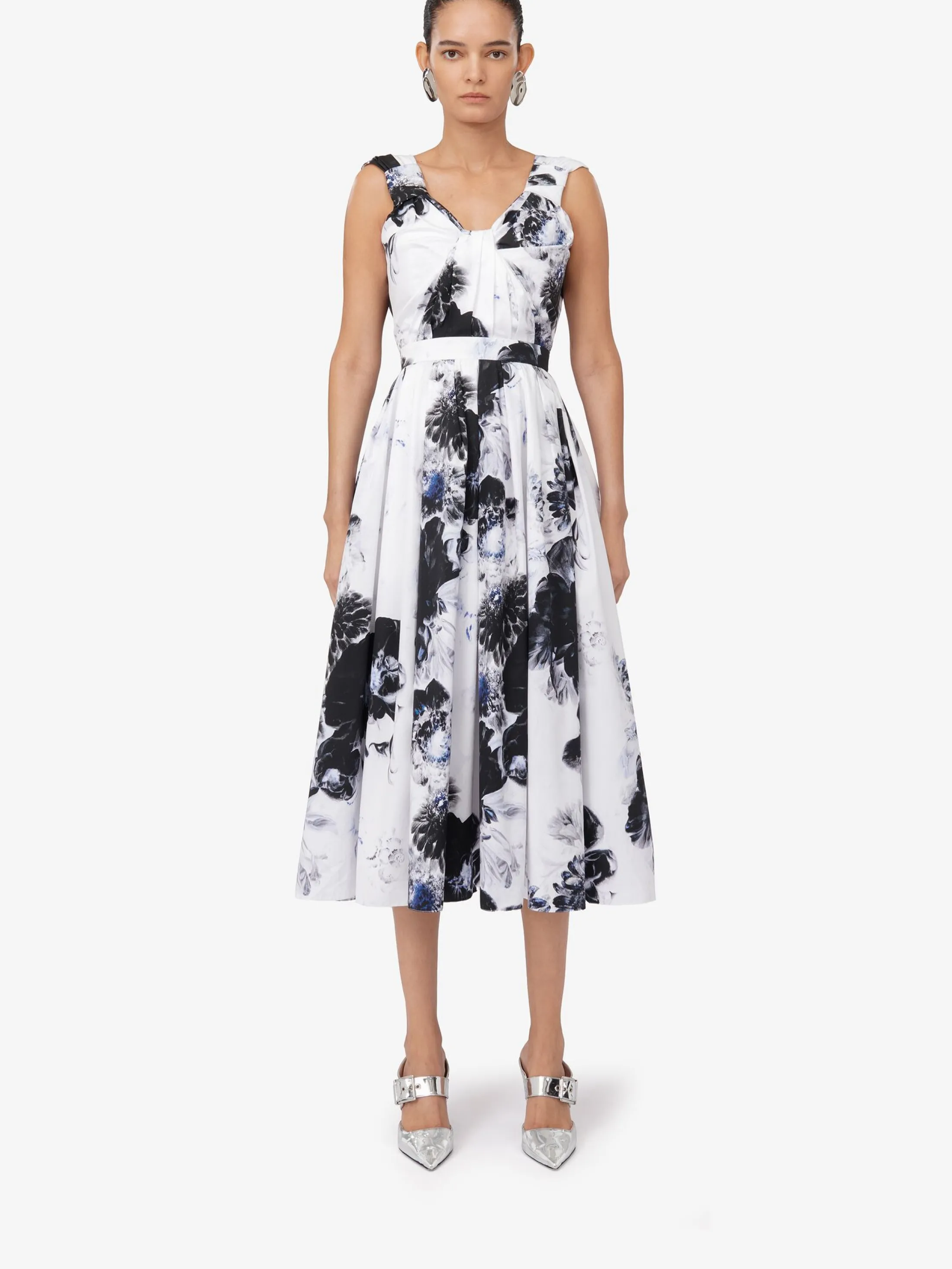 Outlet Alexander McQueen Women's Chiaroscuro Sleeveless Knot Dress in White/Black/Electric Blue