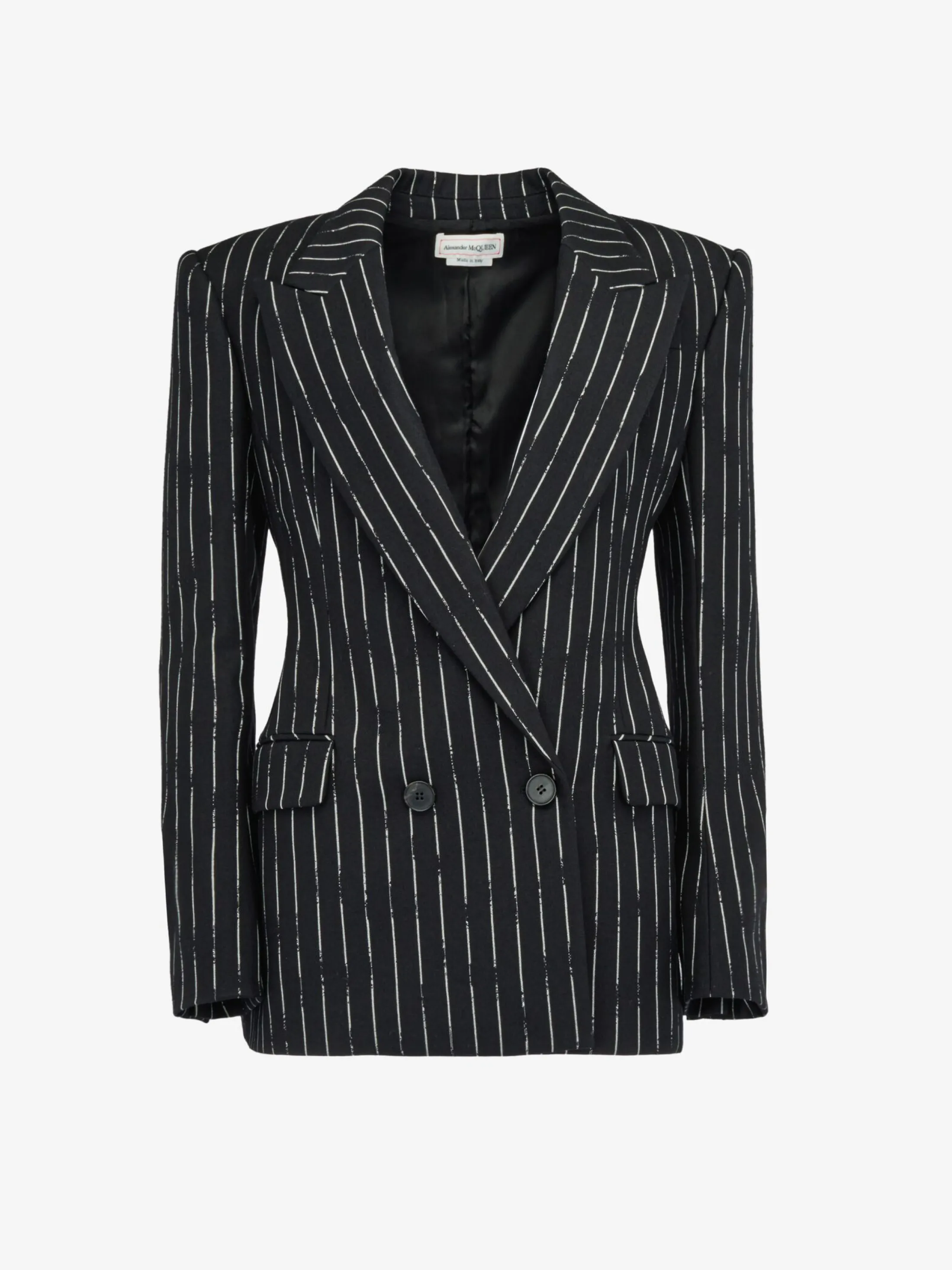 Best Sale Alexander McQueen Women's Double-breasted Broken Pinstripe Jacket in Black/Ivory