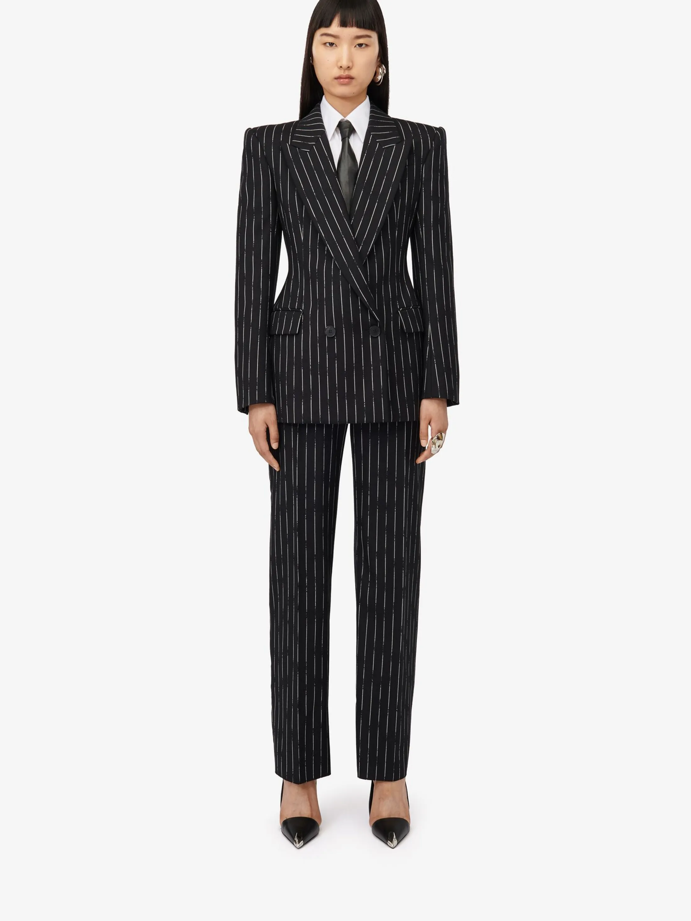 Best Sale Alexander McQueen Women's Double-breasted Broken Pinstripe Jacket in Black/Ivory