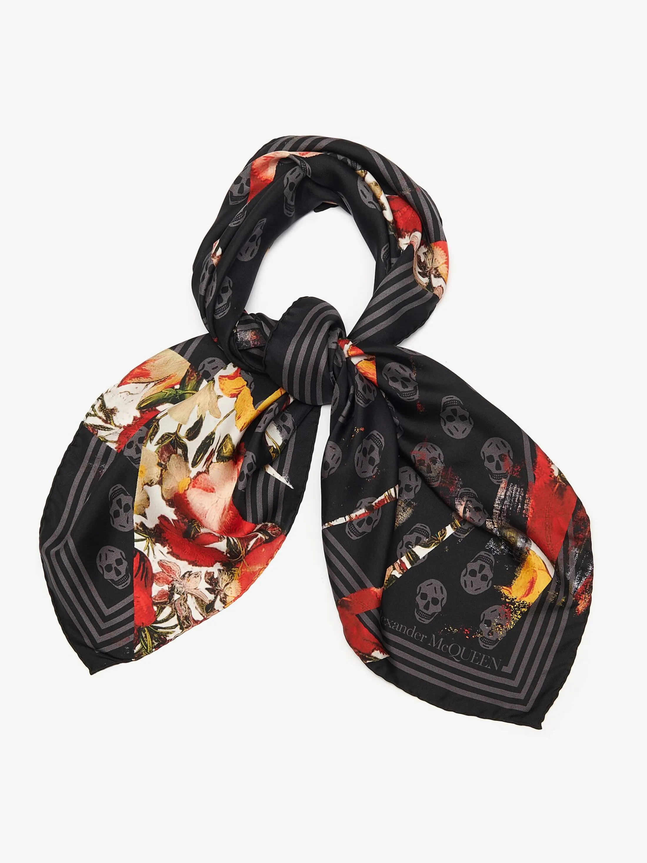 New Alexander McQueen Women's Dutch Floral Biker Foulard in Black/Red