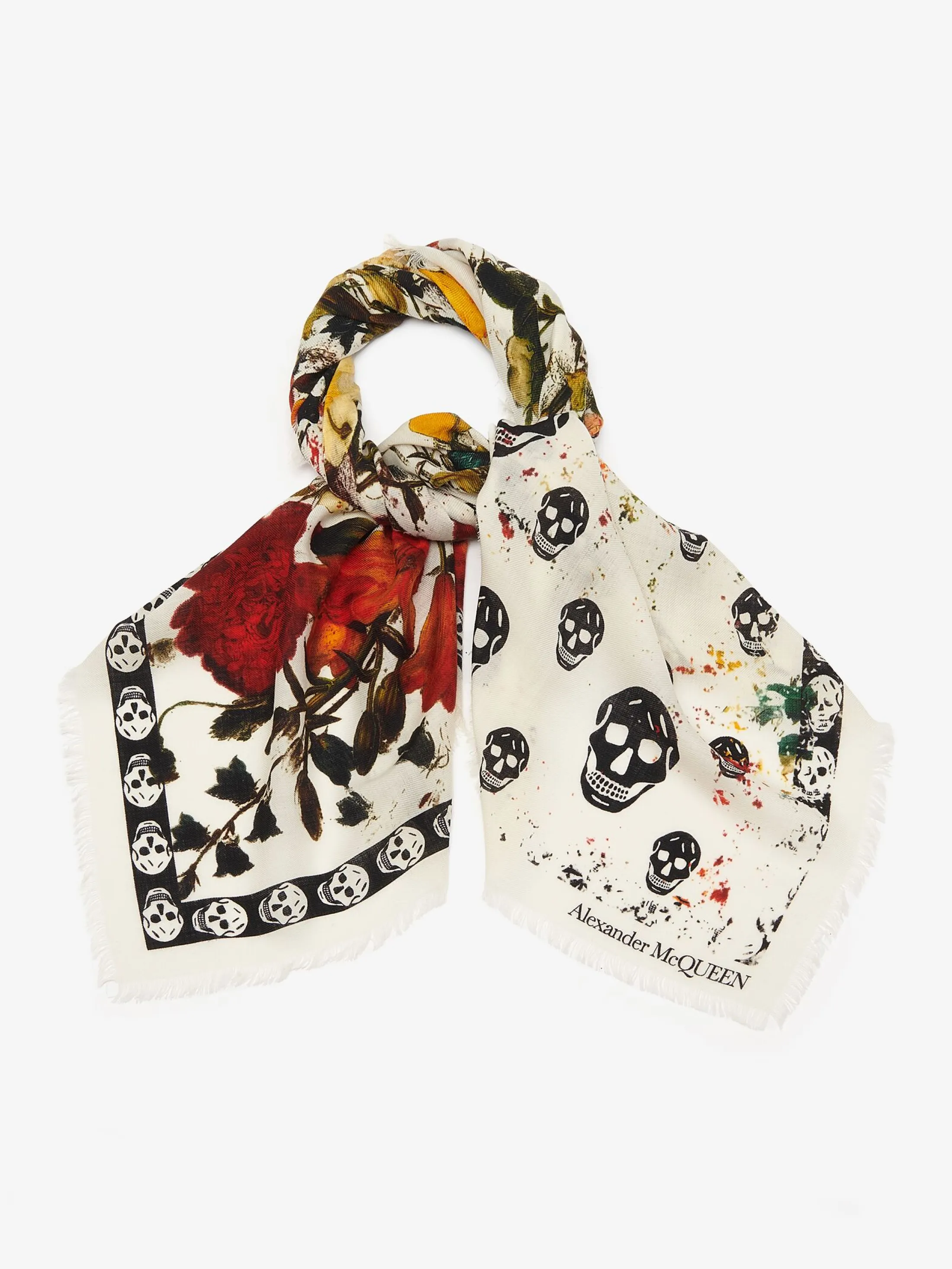 Store Alexander McQueen Women's Floral Classic Skull Foulard in Ivory/Red