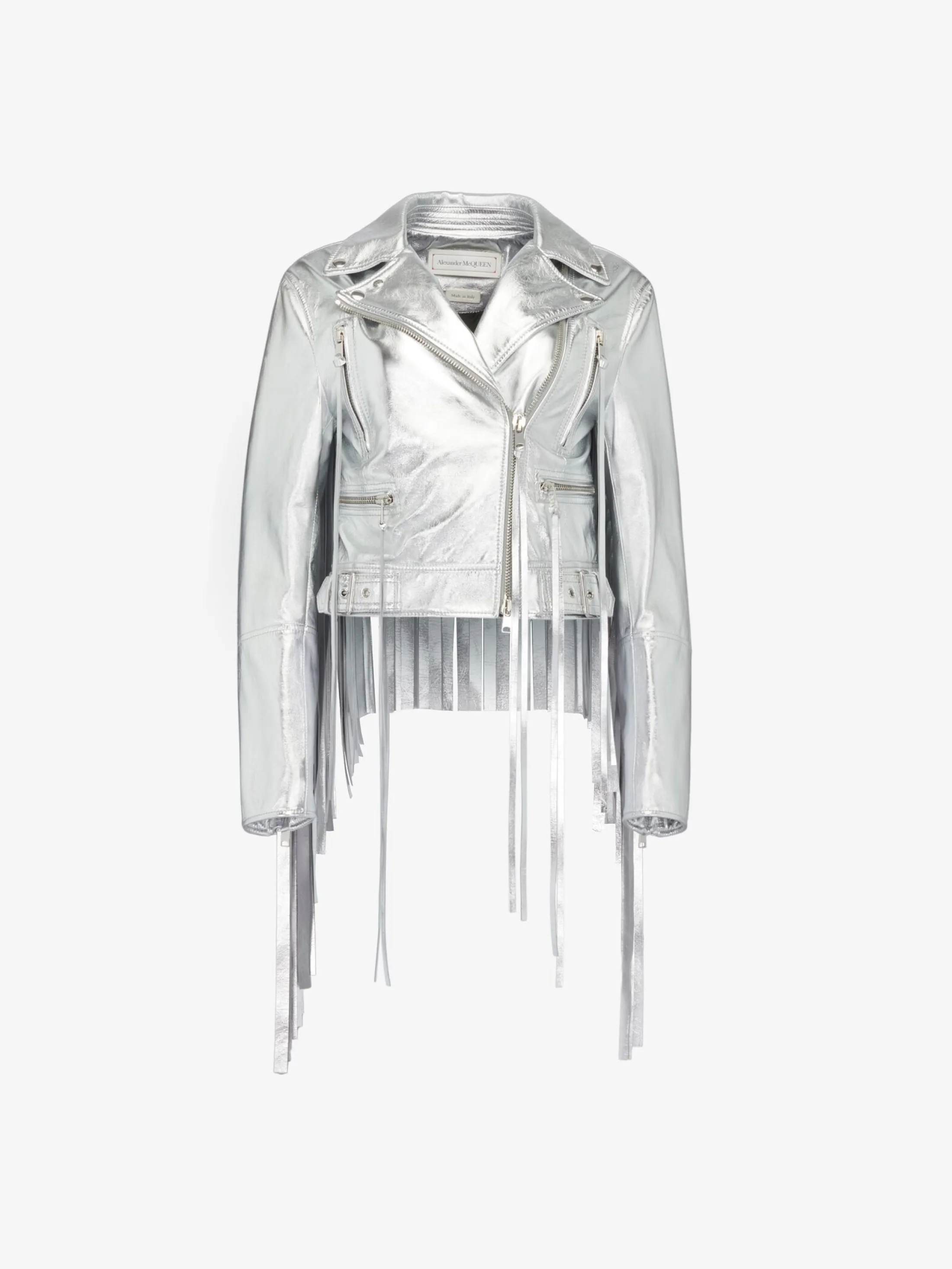 Outlet Alexander McQueen Women's Fringed Biker Jacket in Silver