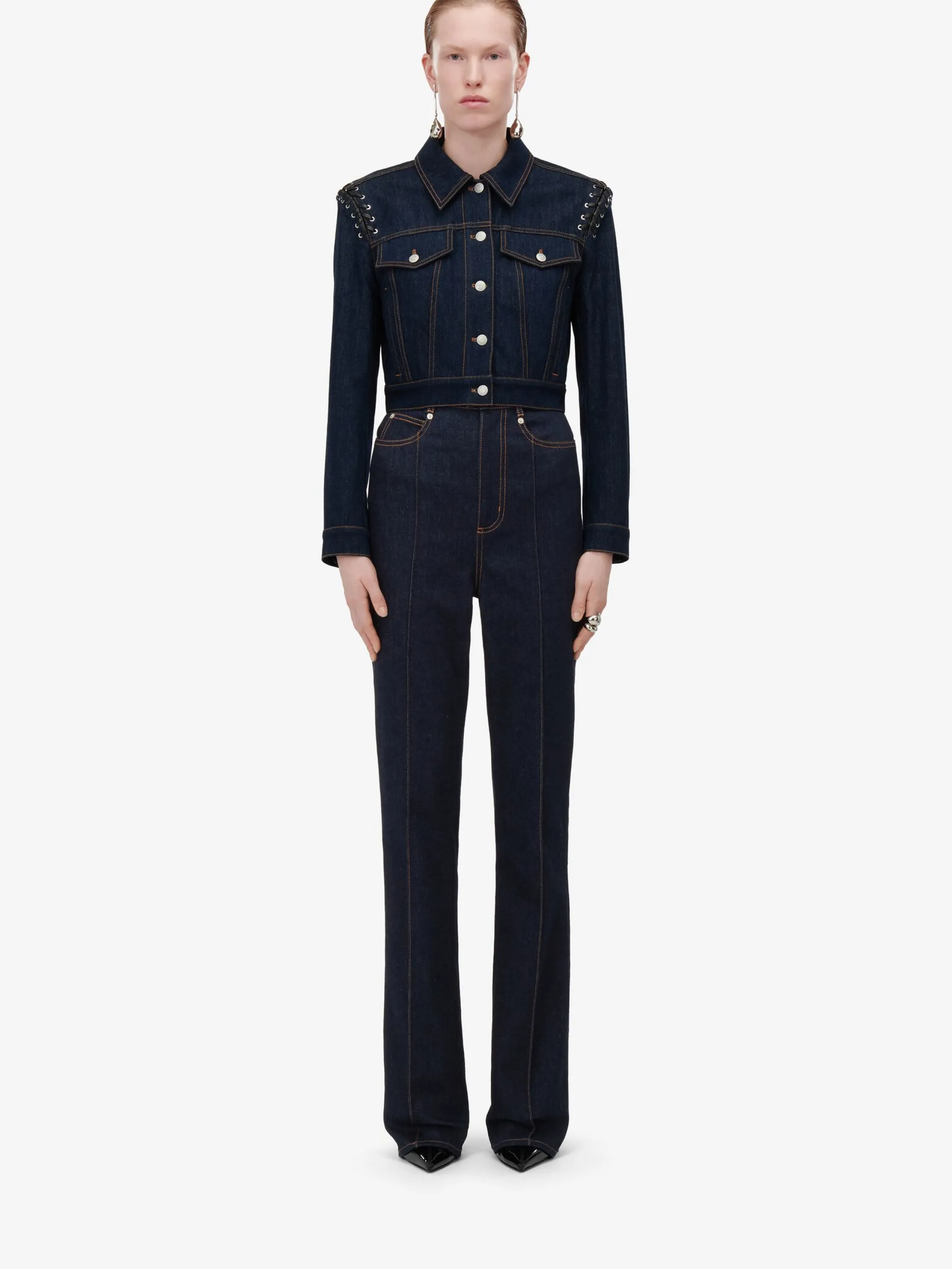 Sale Alexander McQueen Women's Lace Detail Cropped Jacket in Denim