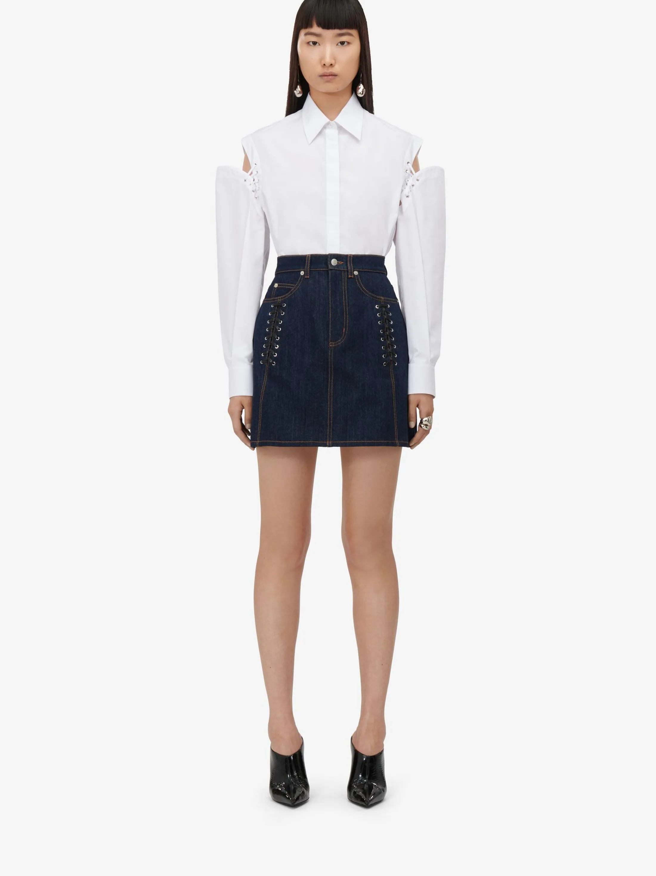 Sale Alexander McQueen Women's Lace Detail Mini Skirt in Denim