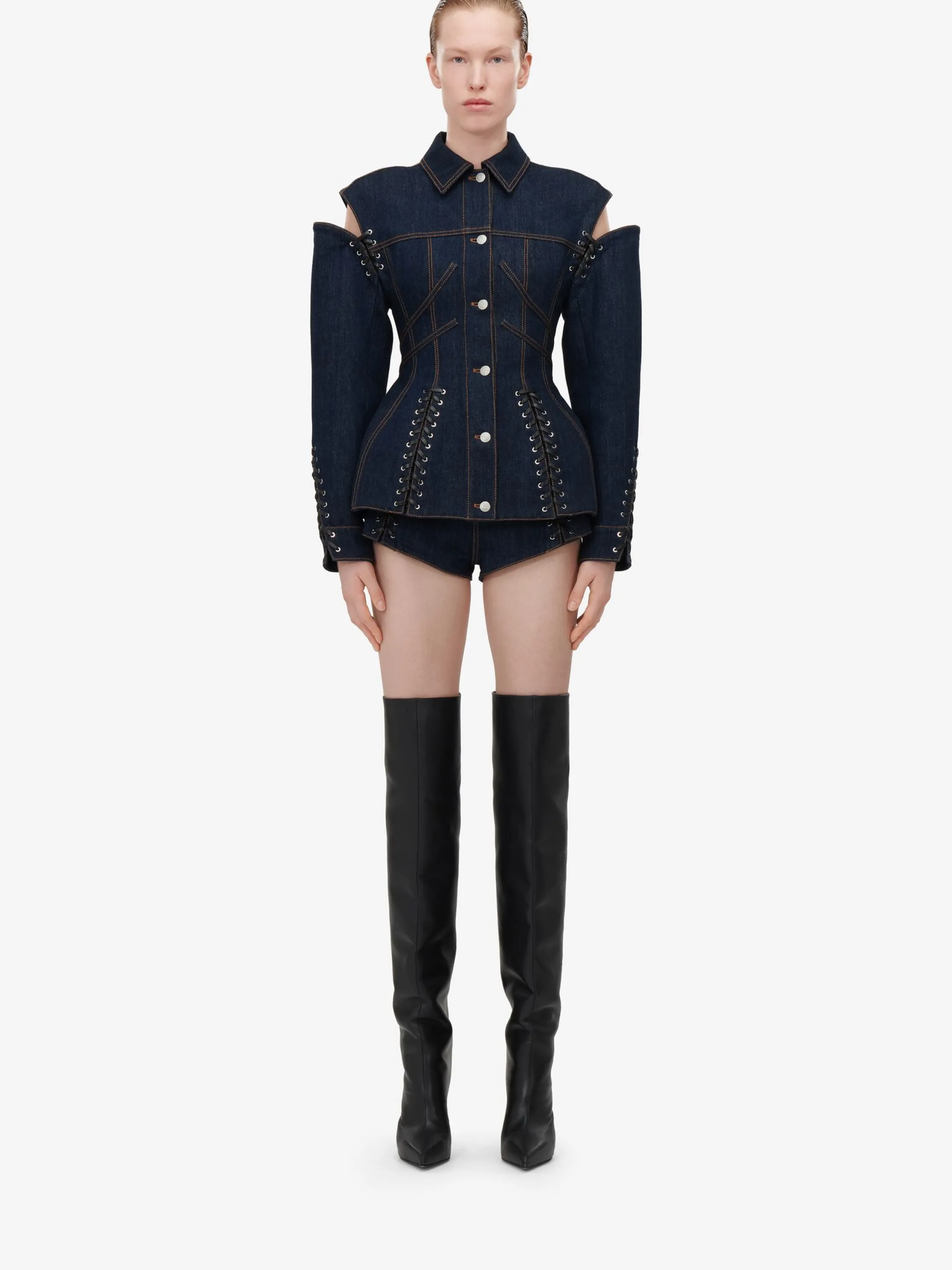 Sale Alexander McQueen Women's Lace Detail Slashed Jacket in Denim