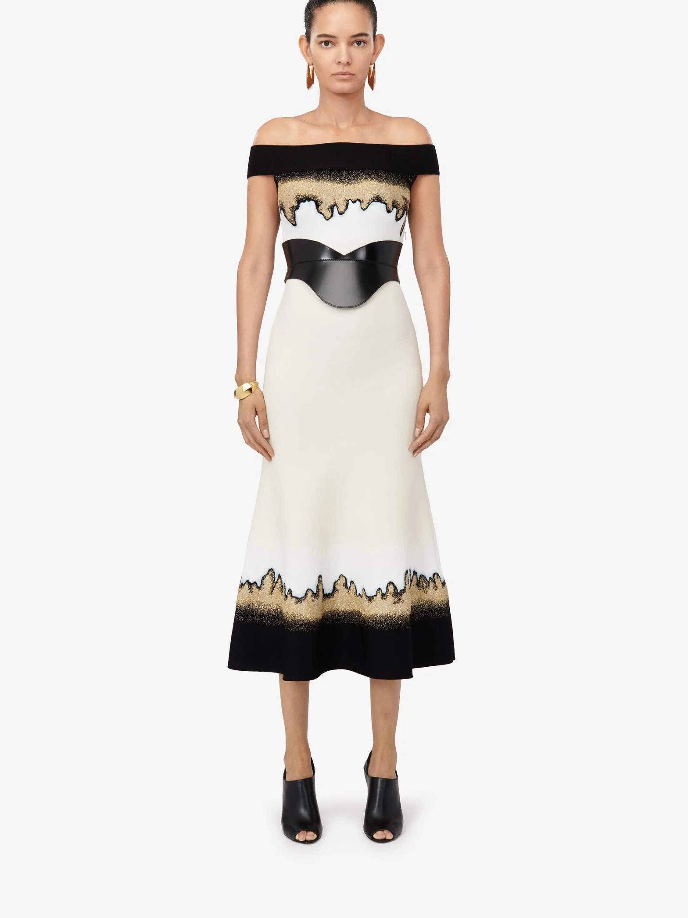 Store Alexander McQueen Women's Off-the-shoulder Jacquard Dress in Ivory/Black/Gold