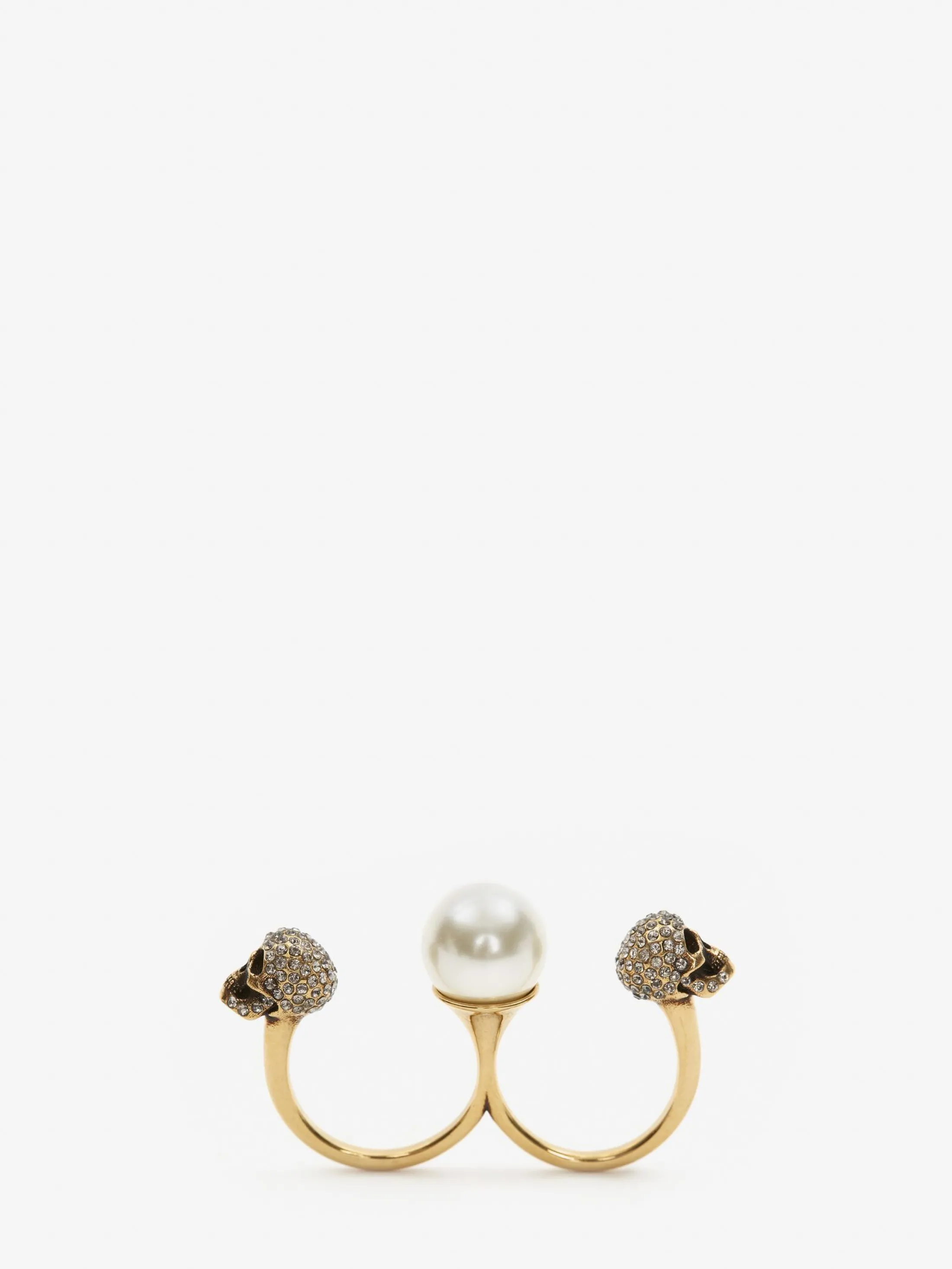 Store Alexander McQueen Women's Pearl Skull Double Ring in Antique Gold