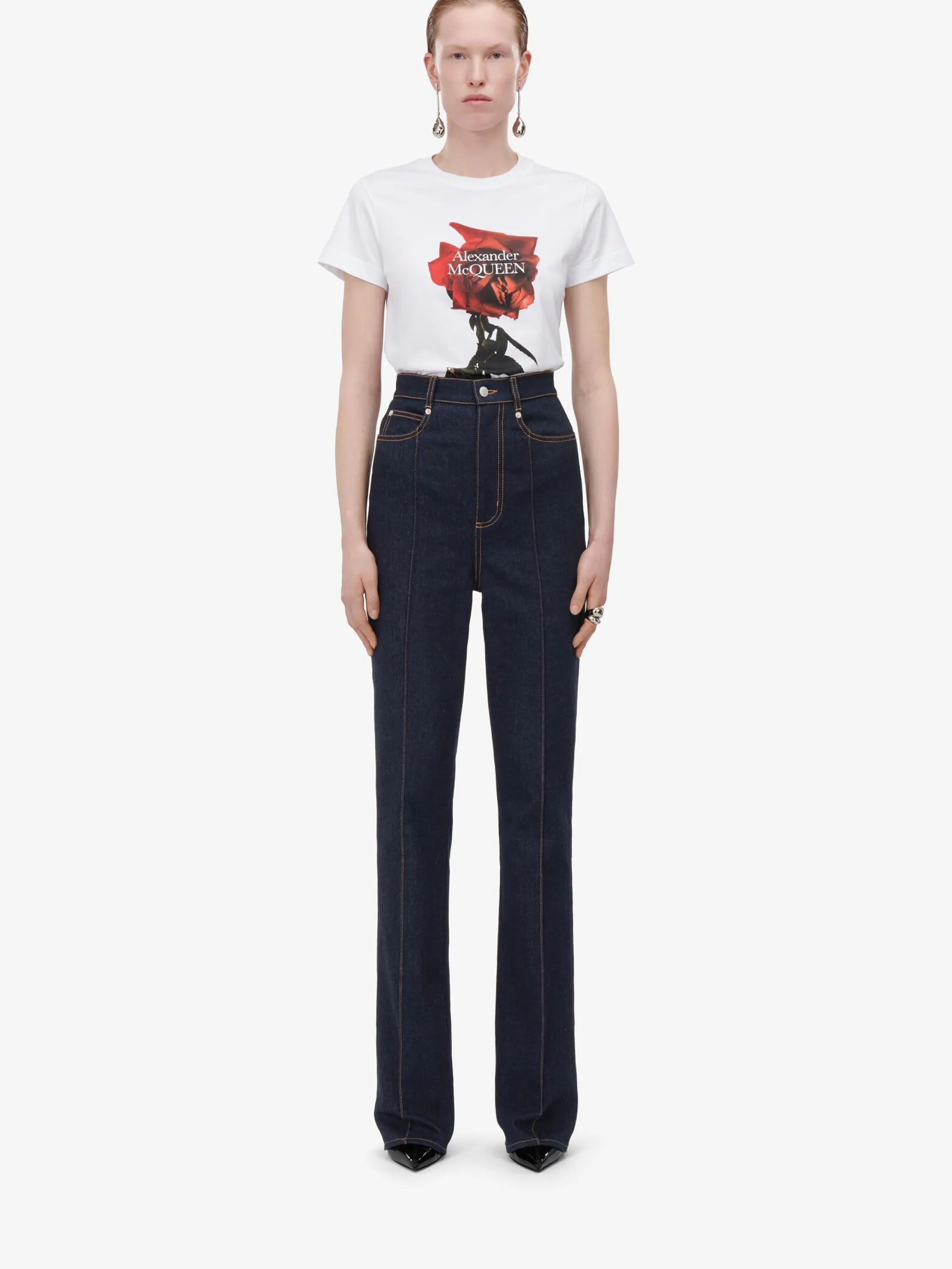 Discount Alexander McQueen Women's Shadow Rose Fitted T-shirt in White